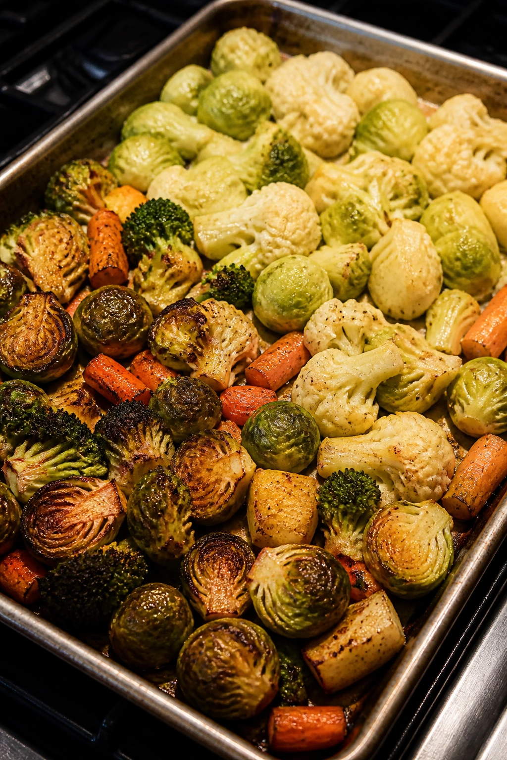 Sheet pan with overcrowded vegetables showing uneven browning