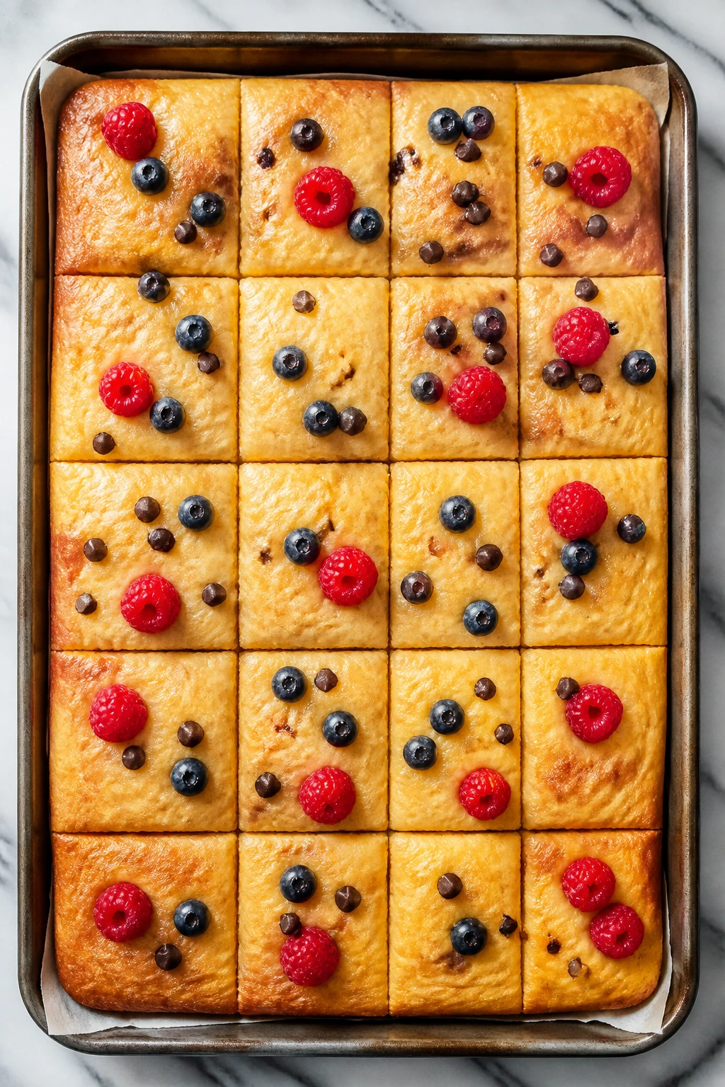 Top-down view of sheet pan pancakes filling the frame