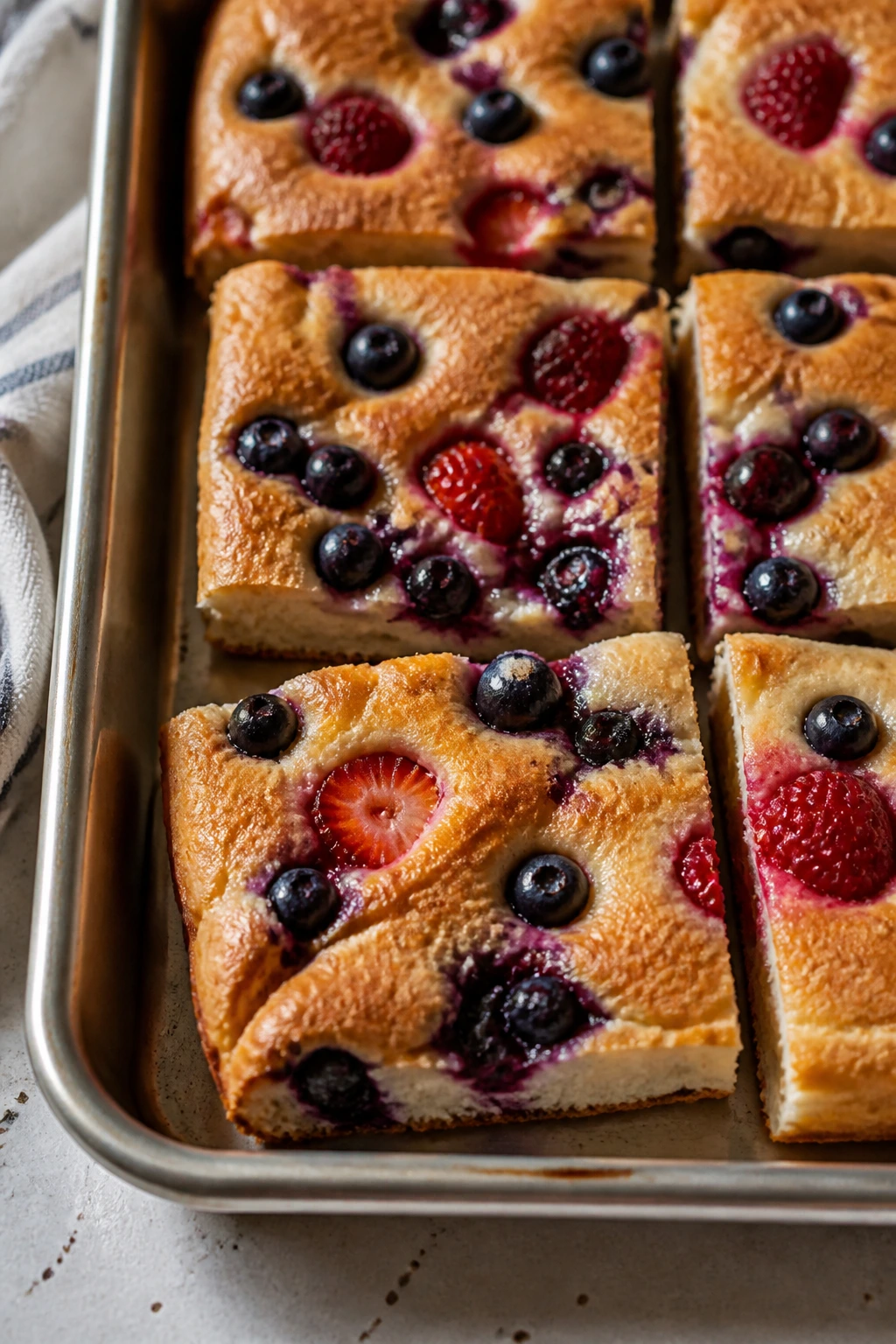 Sheet-pan pancakes with berries cut into squares