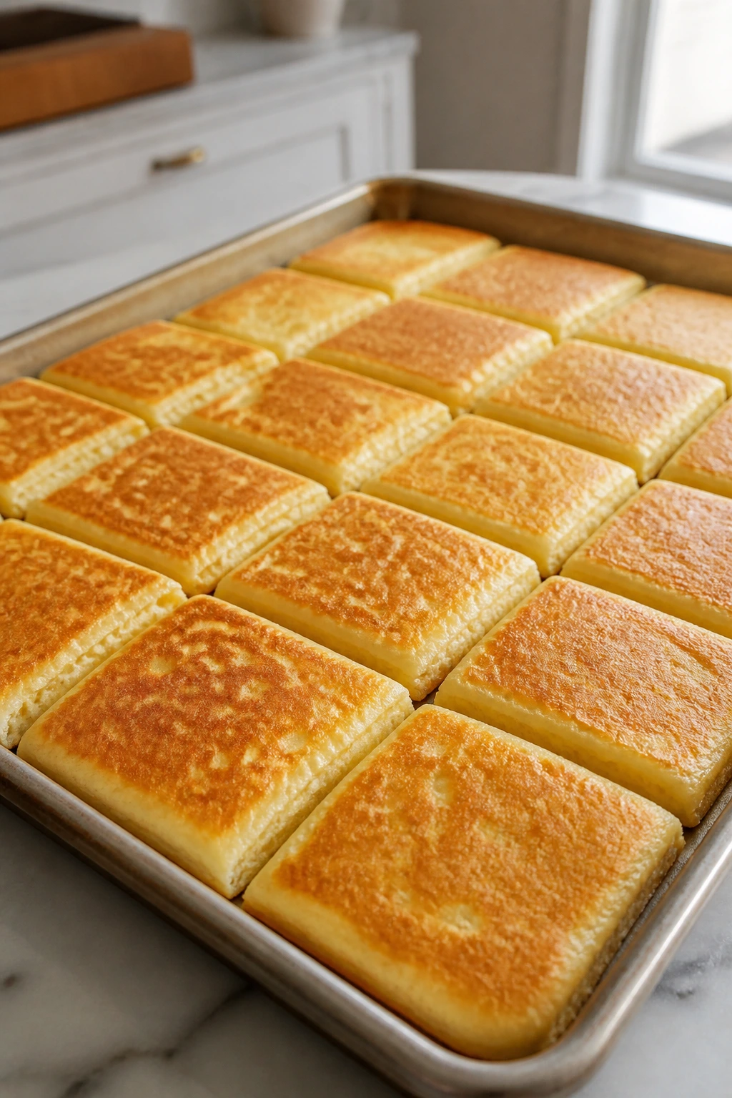 Close-up of sheet pan pancakes cut into squares in a home kitchen