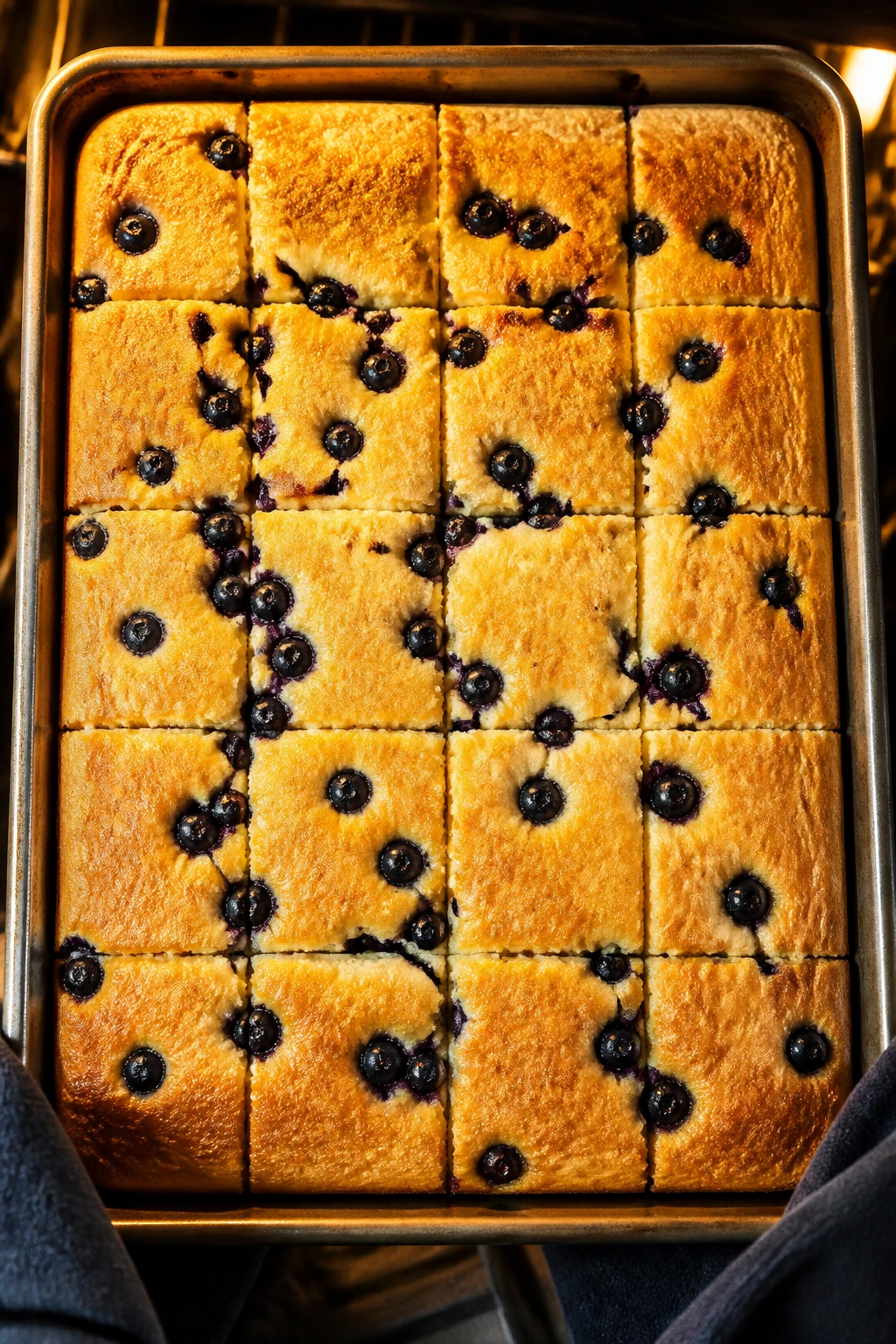 Sheet-pan pancake squares filling a baking sheet in a kitchen