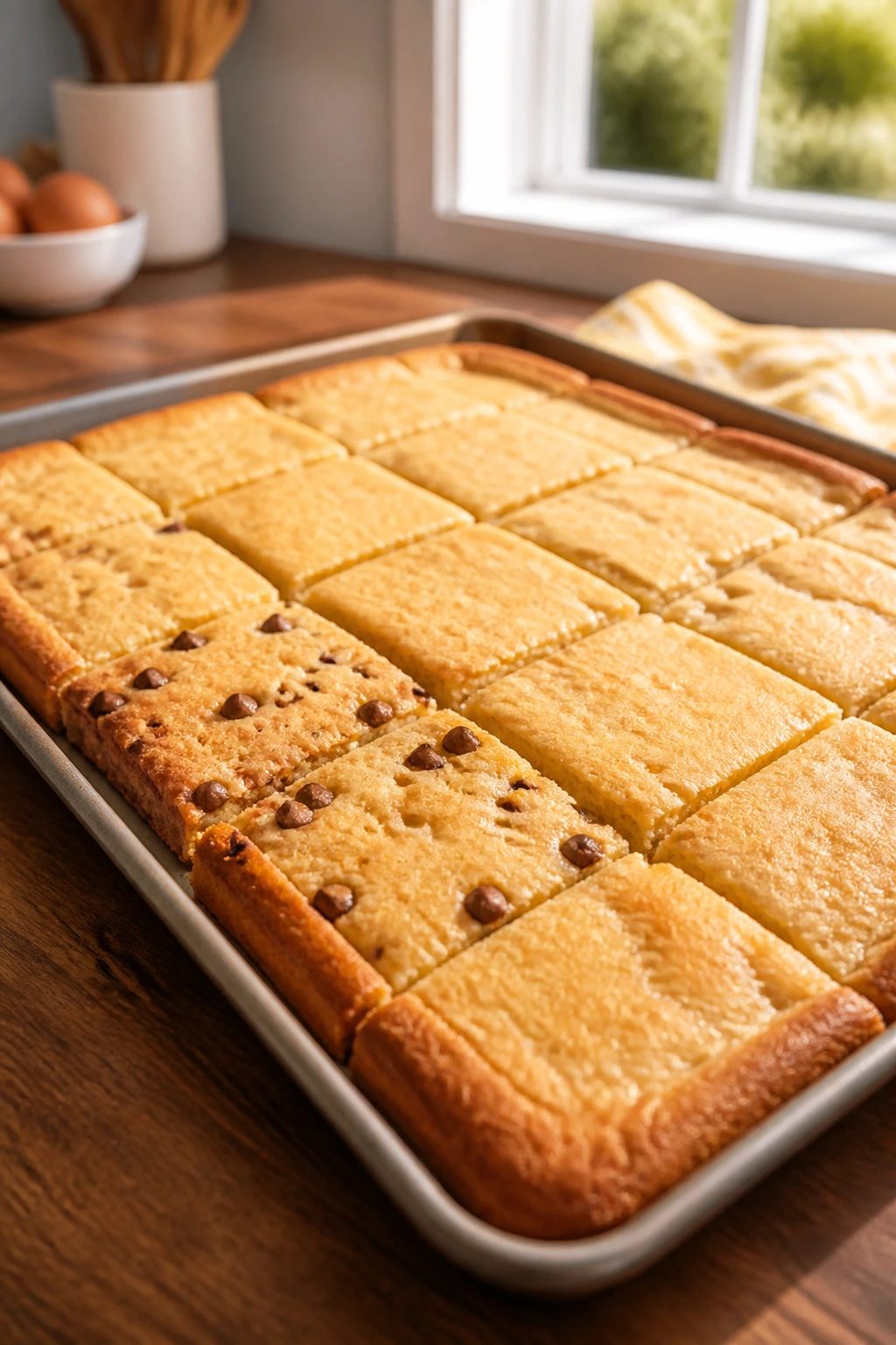 Sheet pan pancakes cut into squares on a kitchen counter.