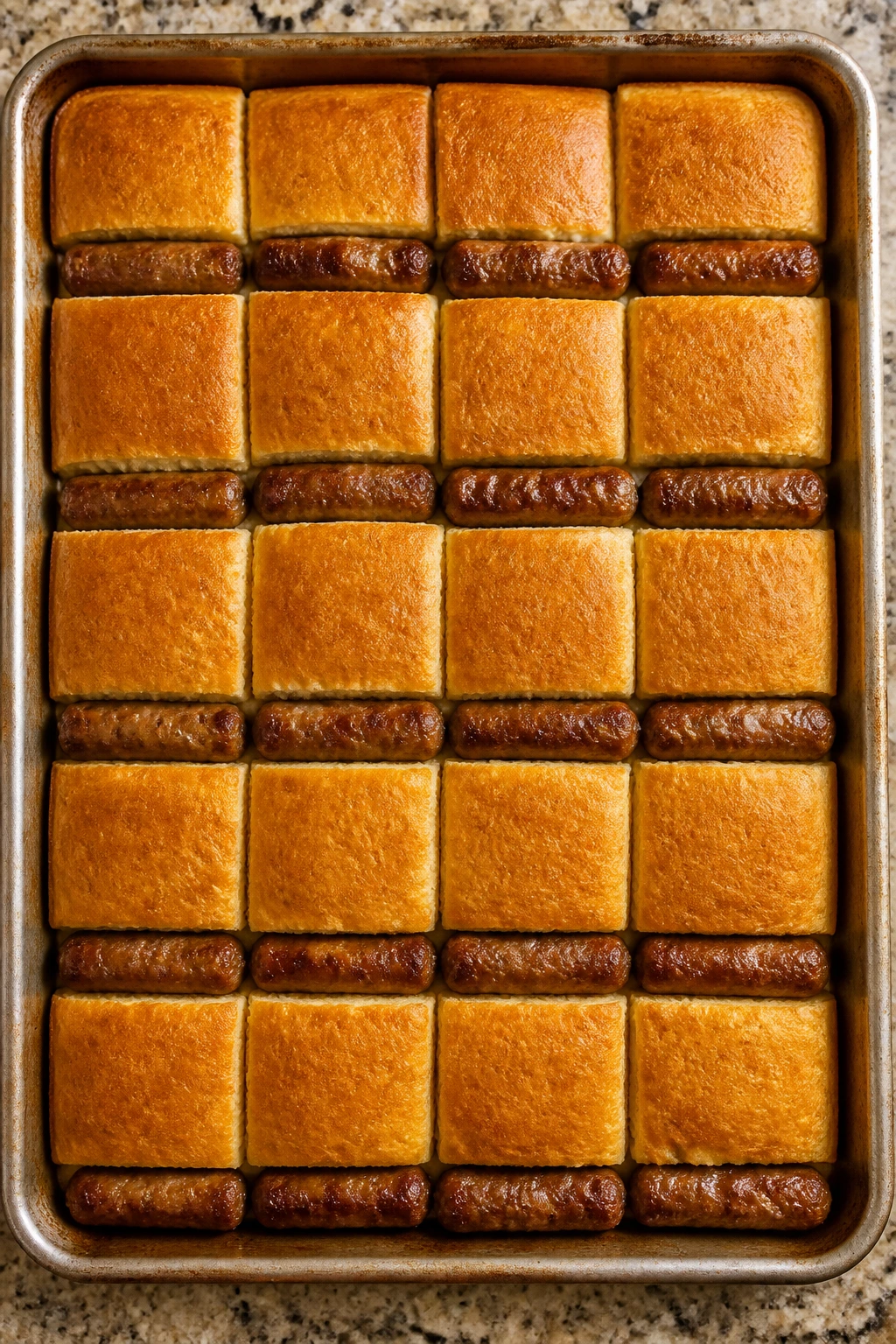 Sheet pan pancakes and sausage cut into squares on a pan.