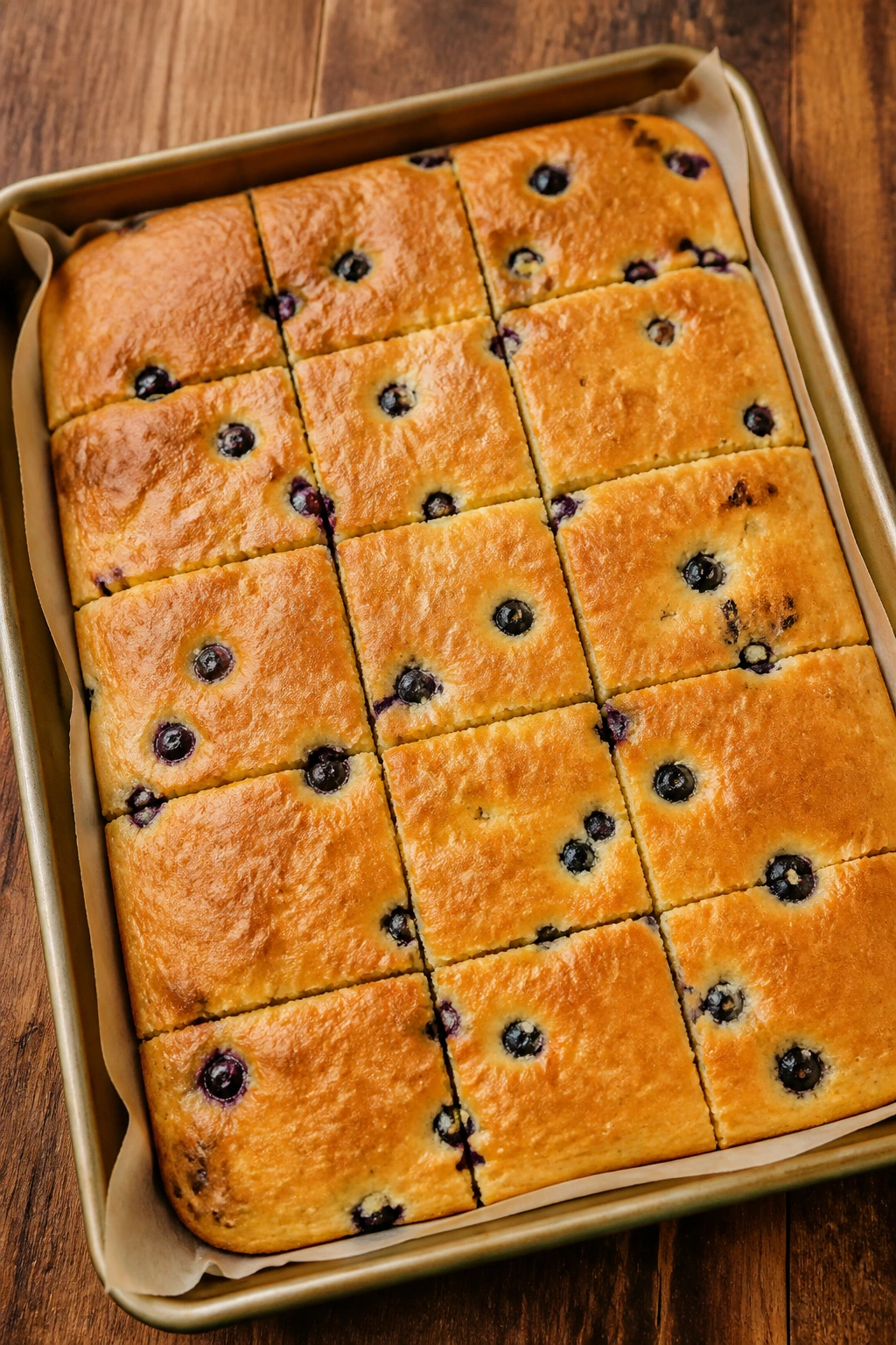 Close-up of a sheet pan pancake slab sliced into squares on a warm kitchen counter