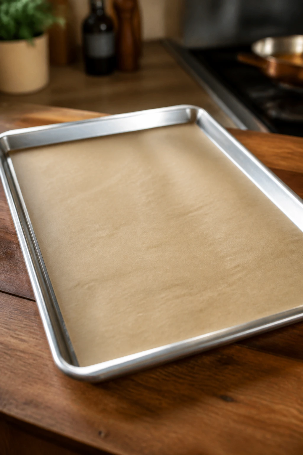 Rimmed baking sheet lined with parchment ready for roasting