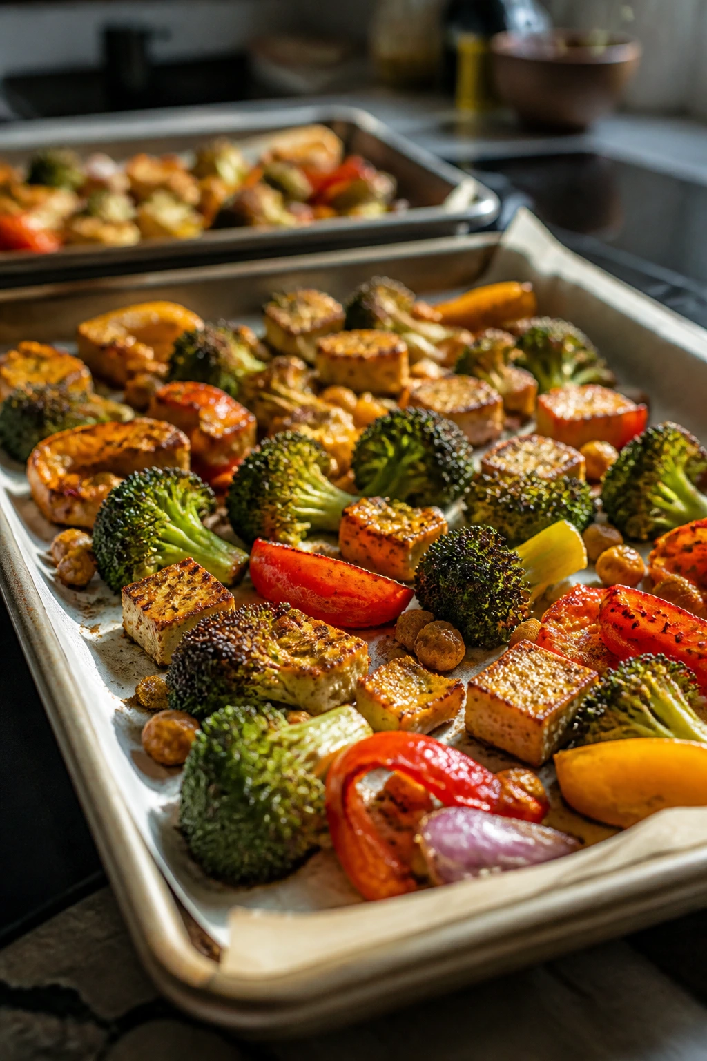 Roasted veggies on parchment-lined sheet pan with crisp edges.