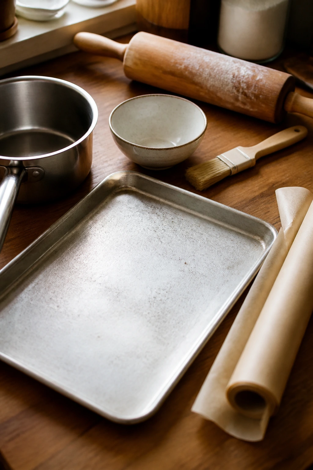 Kitchen tools for making pizza dippers on a wooden counter