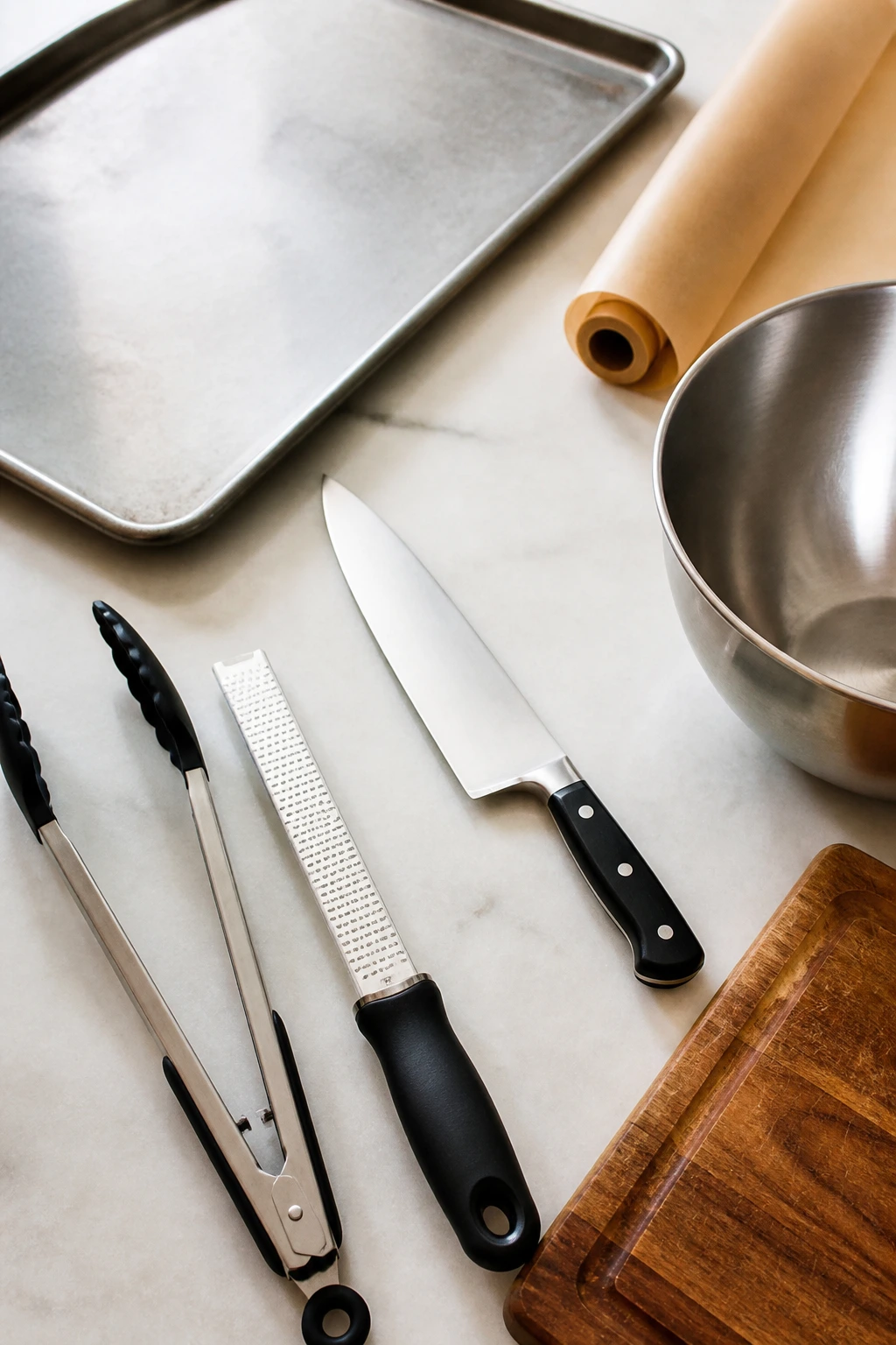 Essential roasting tools arranged on kitchen counter