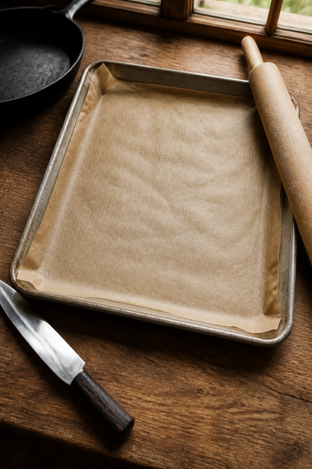 Sheet pan with parchment and rolling pin on wooden counter