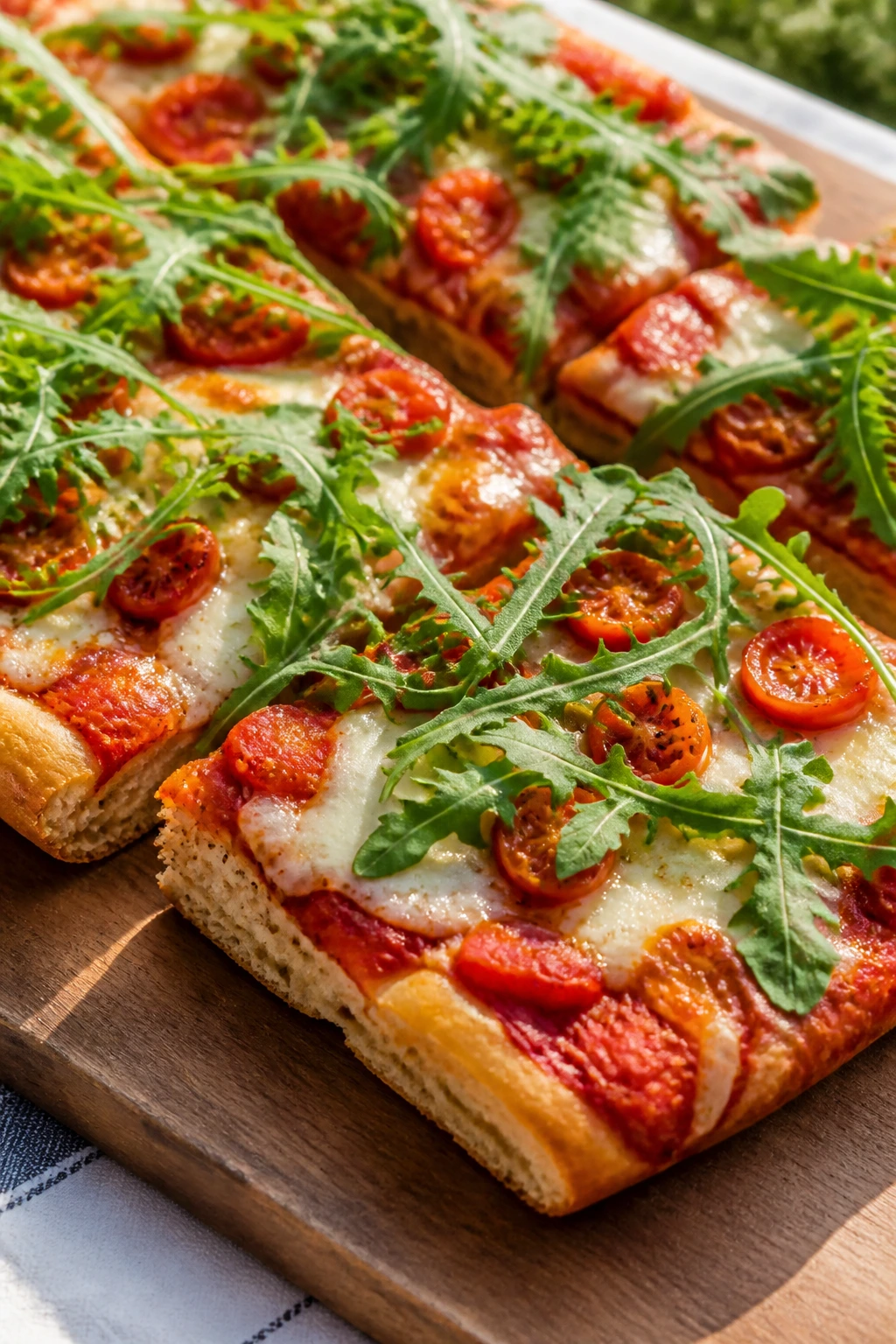 Close-up of sheet-pan pizza slices topped with mozzarella, tomatoes, and arugula outdoors