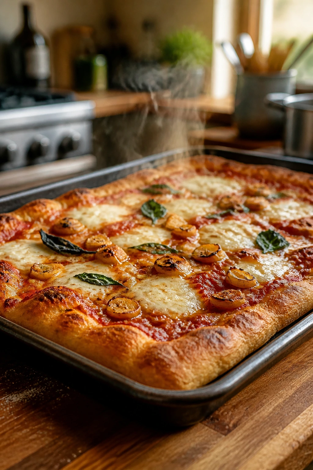 Sheet-pan pizza fresh from the oven with golden crust