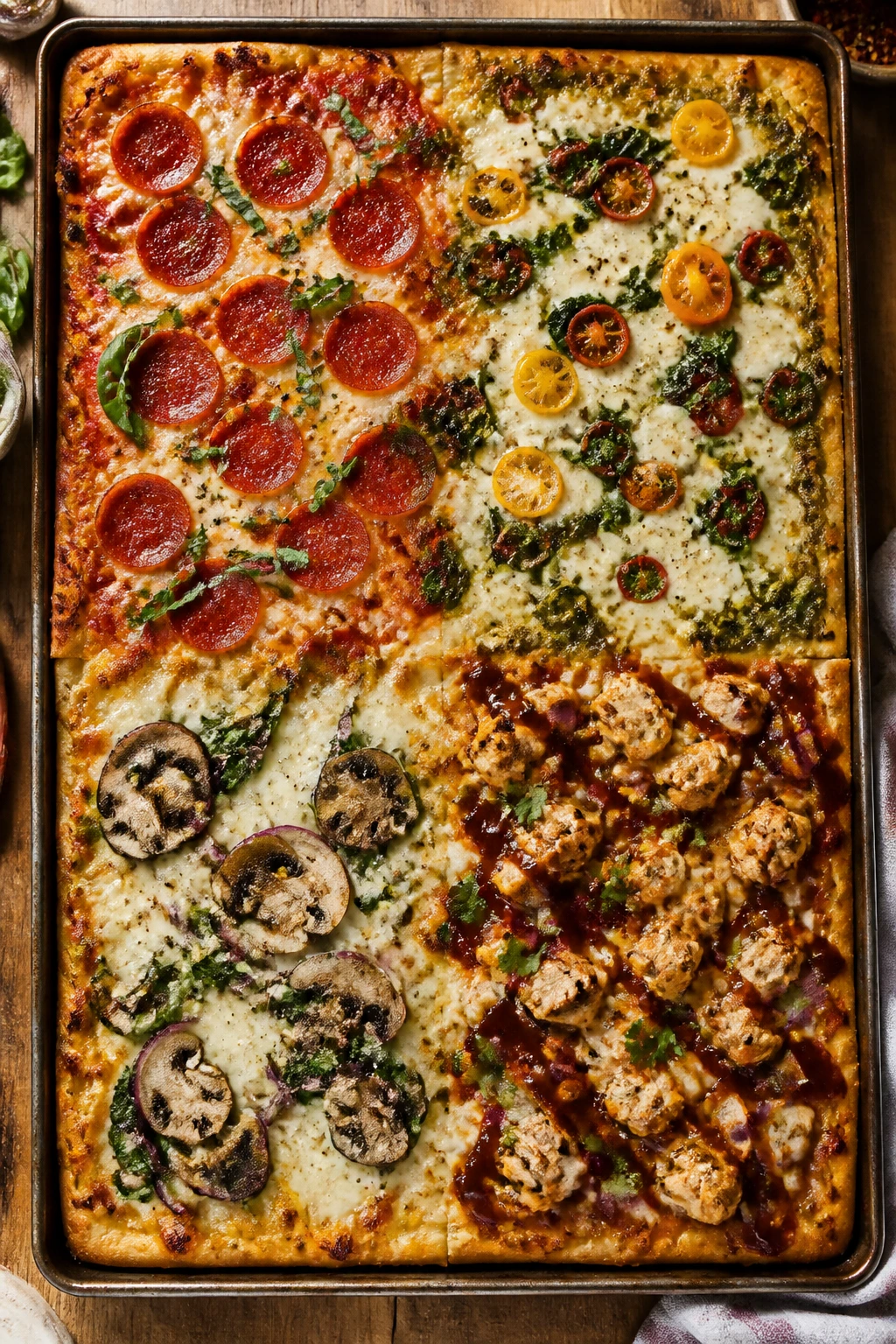 Sheet-pan pizza with varied toppings for variations