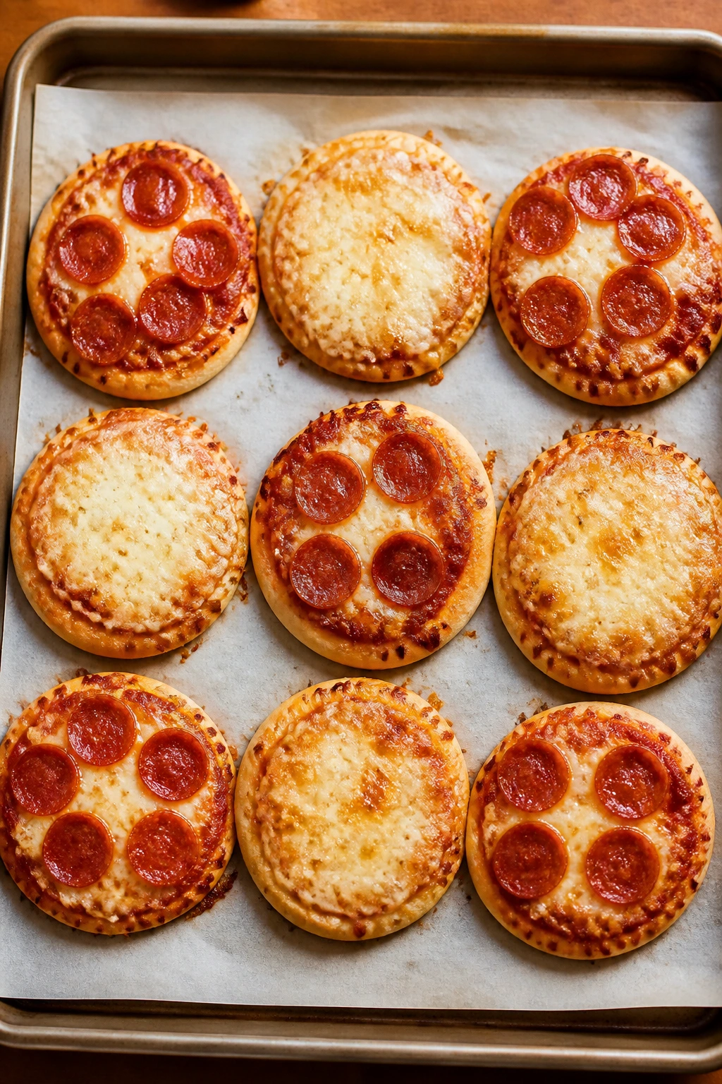 Sheet-pan of mini pizzas with melted cheese