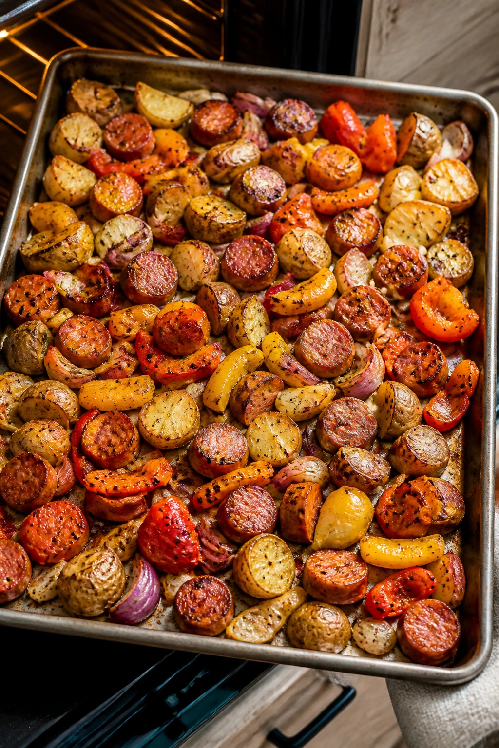 Sheet pan with potatoes, peppers, onions, and sausage