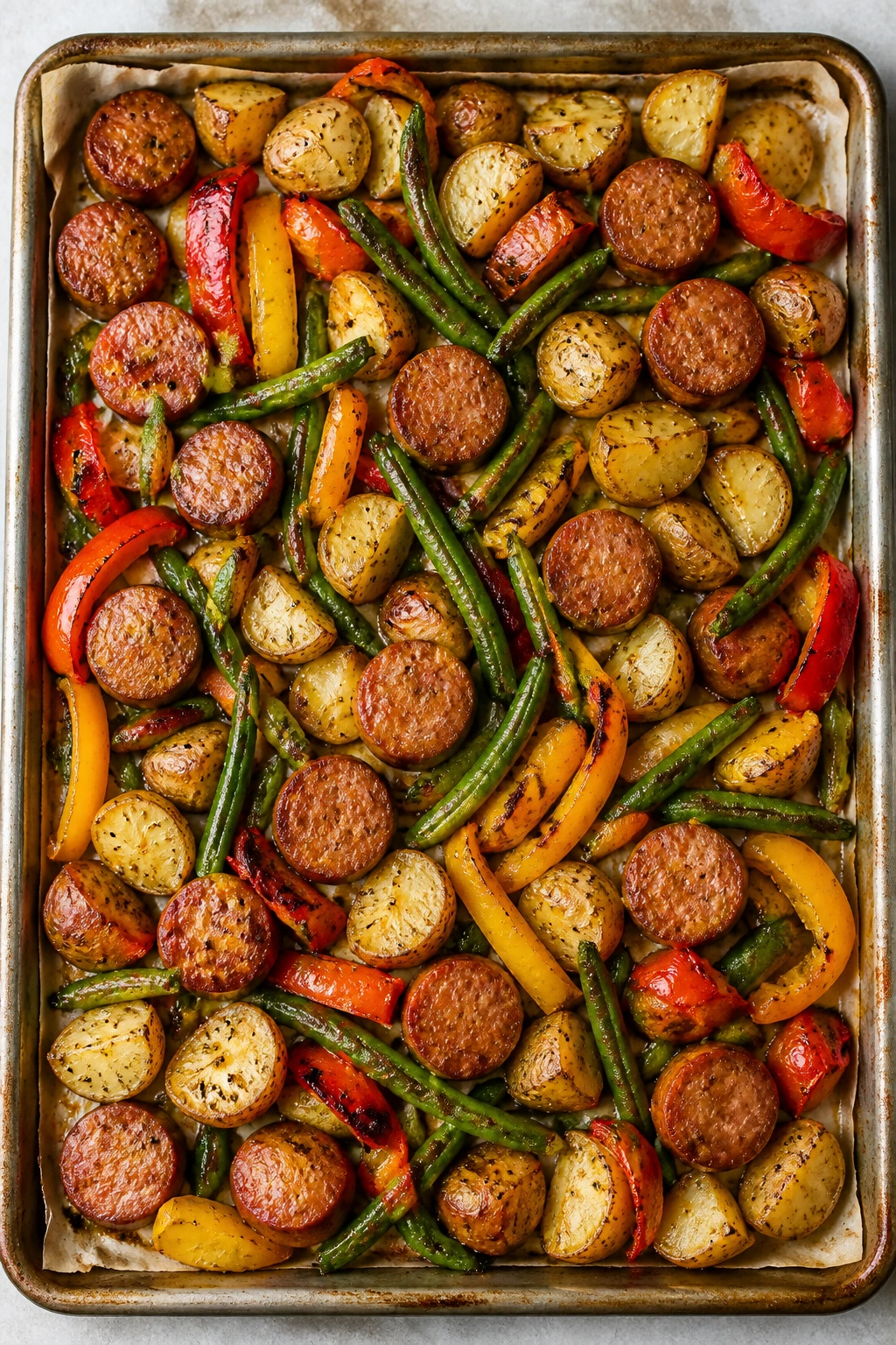 Top-down sheet pan with smoked sausage, potatoes, peppers, and green beans