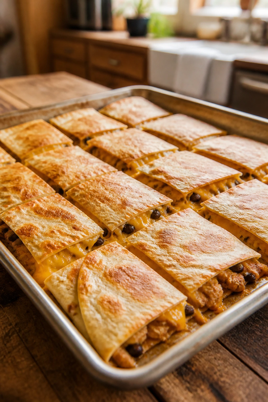 Sheet-pan quesadilla squares on a wooden counter