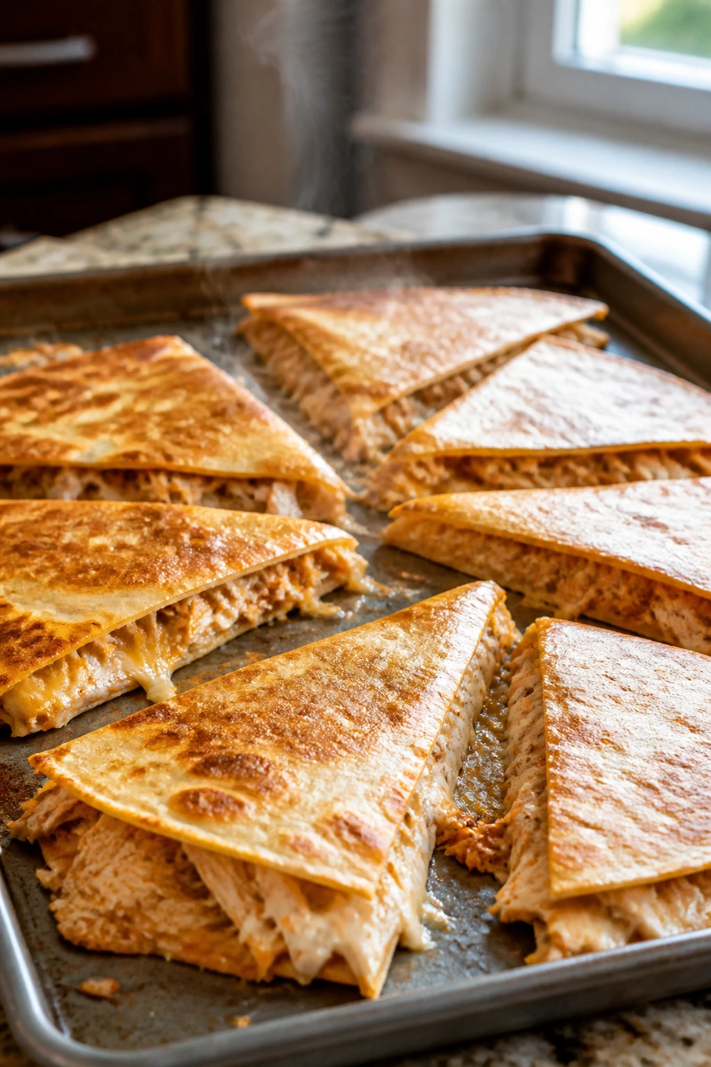 Quesadillas on a sheet pan, cut into wedges