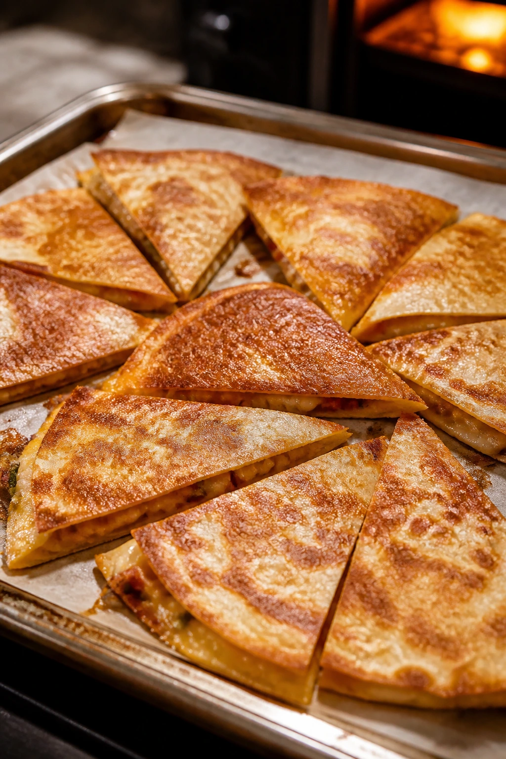 Close-up of sheet-pan quesadilla triangles filling the frame