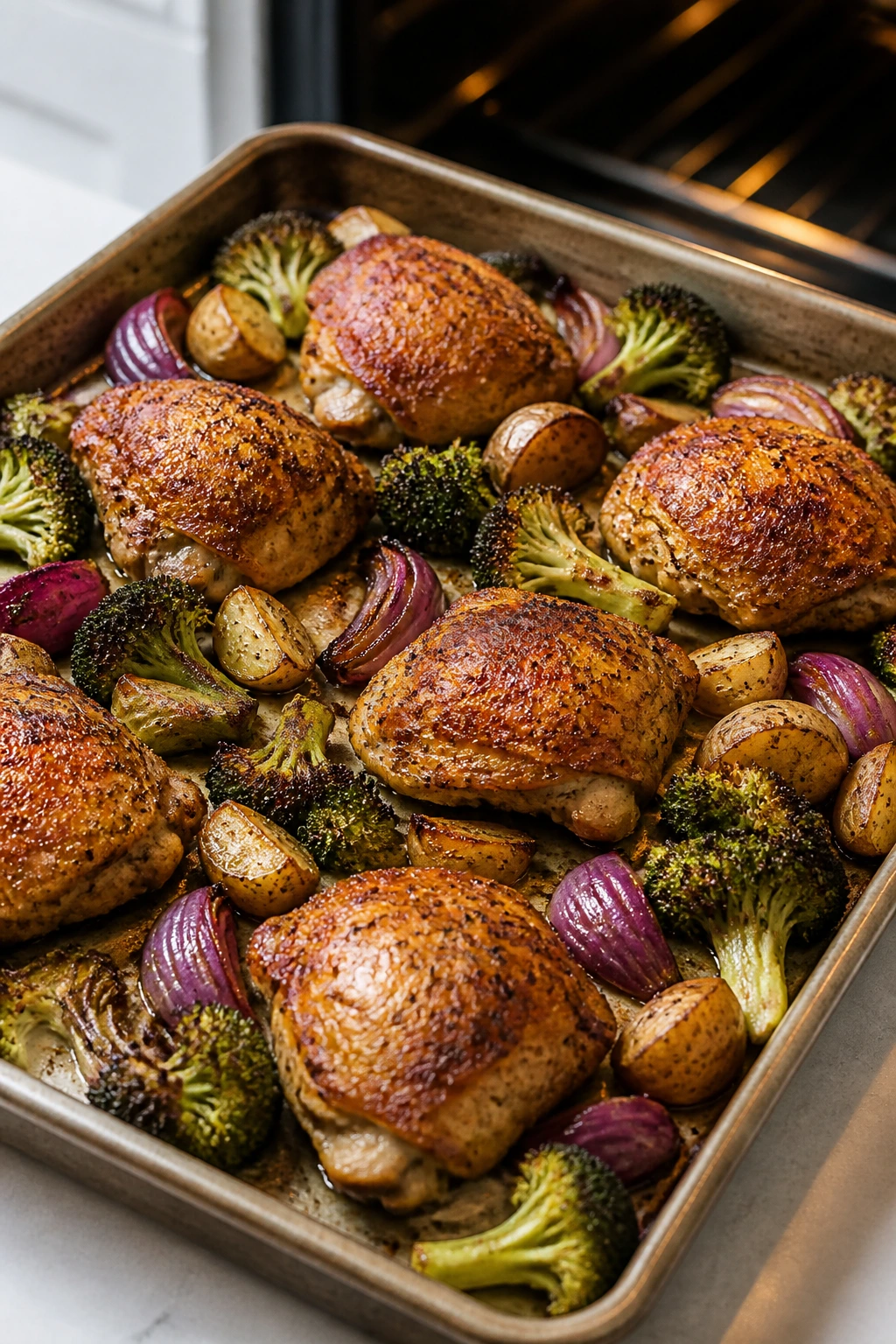 Sheet pan roasted chicken and vegetables browning in a bright kitchen