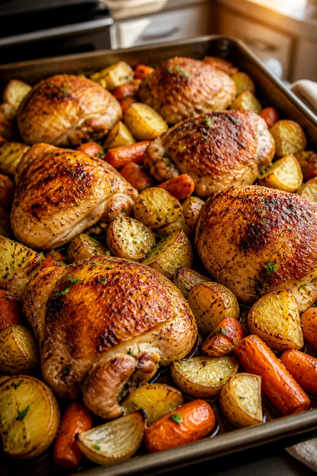 Sheet-pan roast with chicken thighs and vegetables ready to serve
