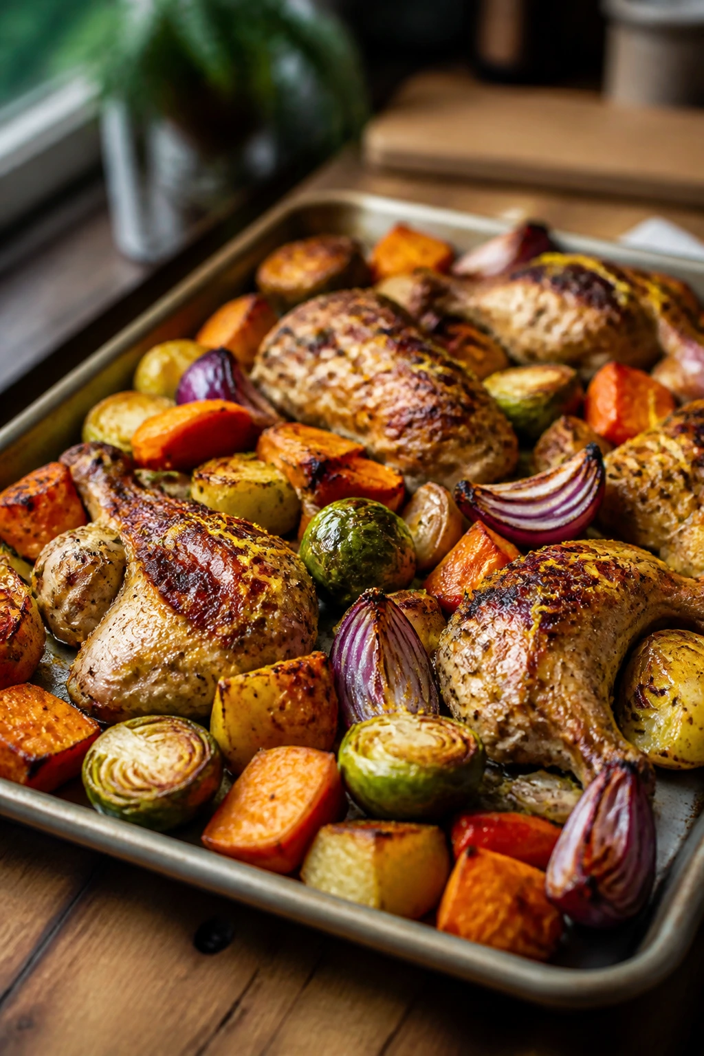 Close-up of a sheet-pan roast with browned edges and vegetables on a rustic kitchen counter