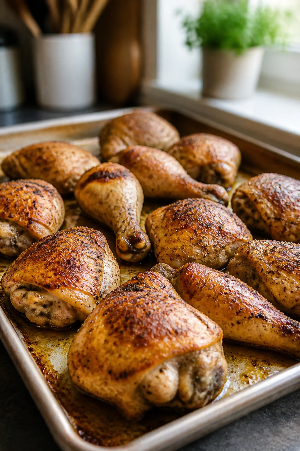Sheet-pan roasted chicken pieces on a pan in a kitchen