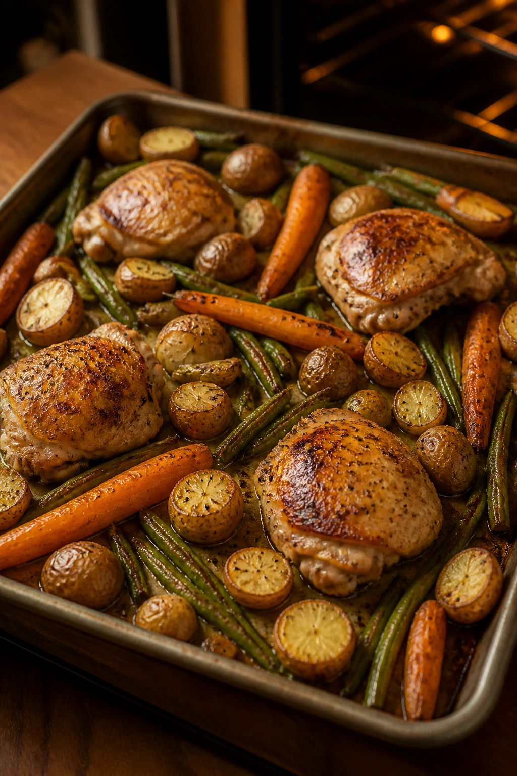 Close-up of a sheet-pan with browned chicken and vegetables on a warm kitchen counter
