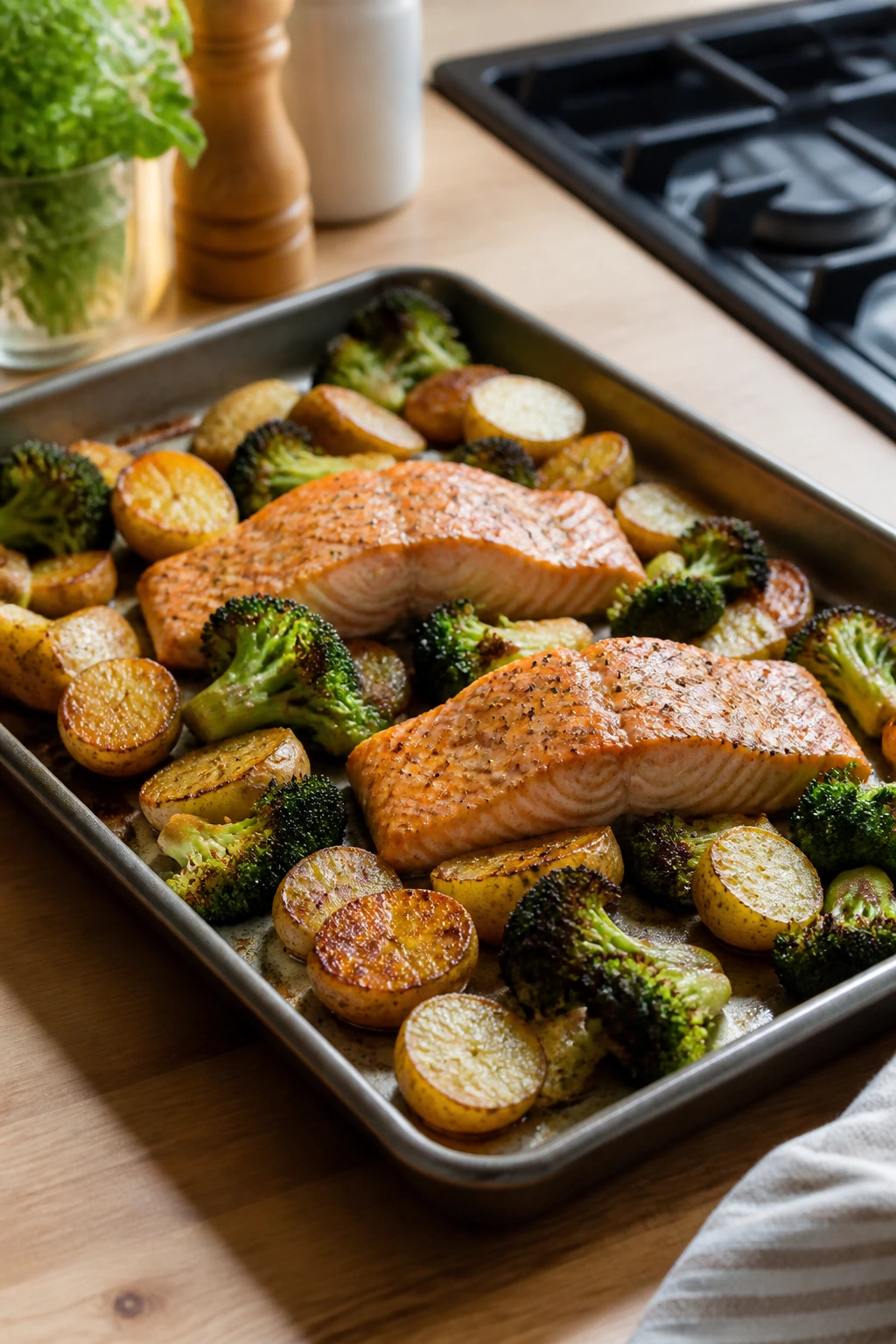 Rimmed sheet pan with roasted salmon and vegetables on a kitchen counter