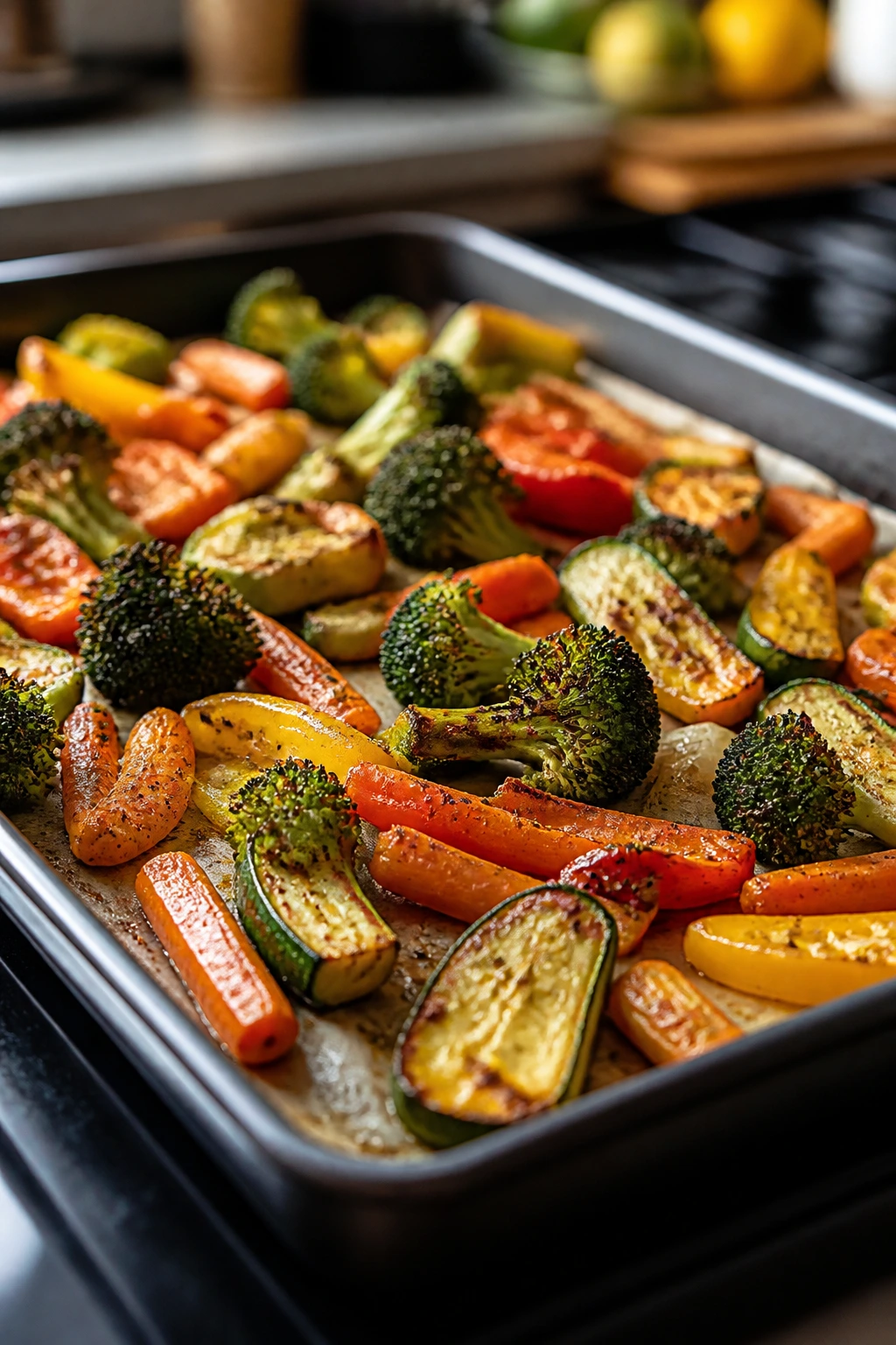 Sheet pan loaded with roasted vegetables filling the frame in a home kitchen