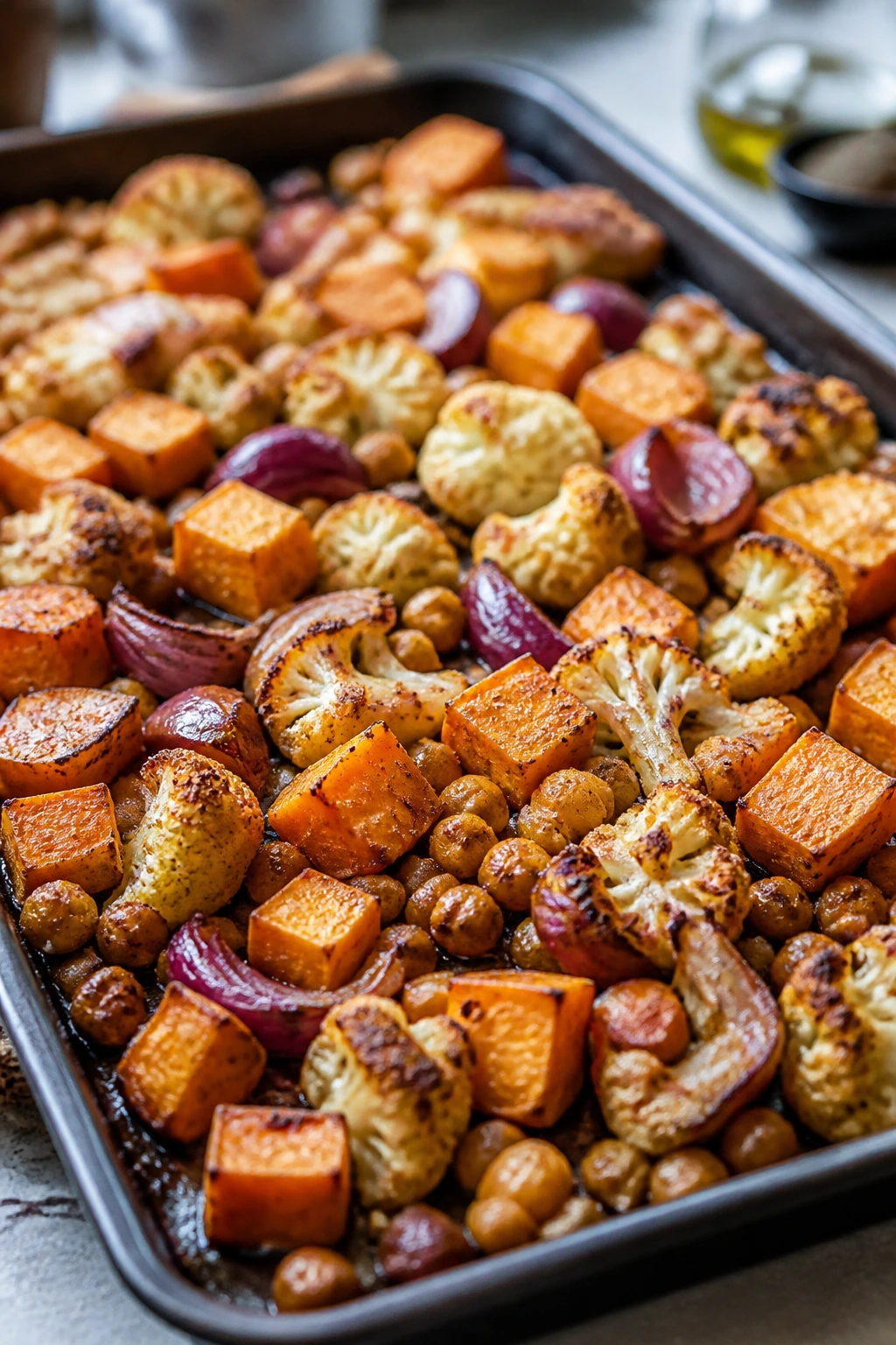 Sheet pan with browning vegetables on a kitchen counter