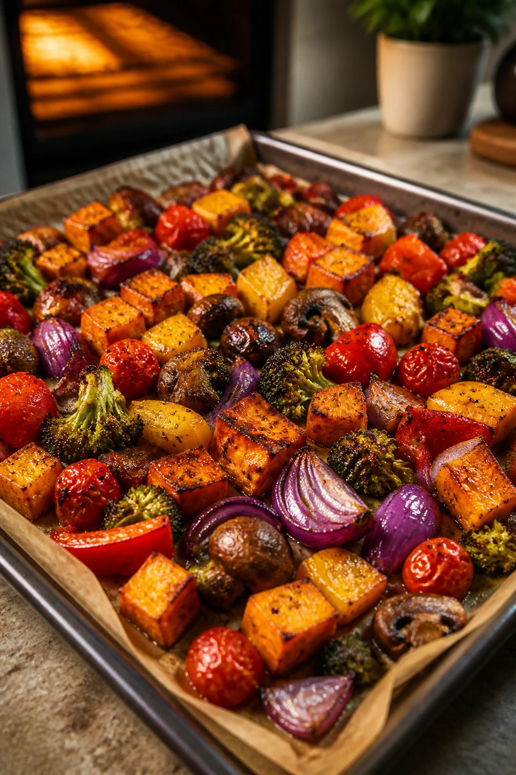 Close-up of a sheet pan filled with caramelized colorful vegetables