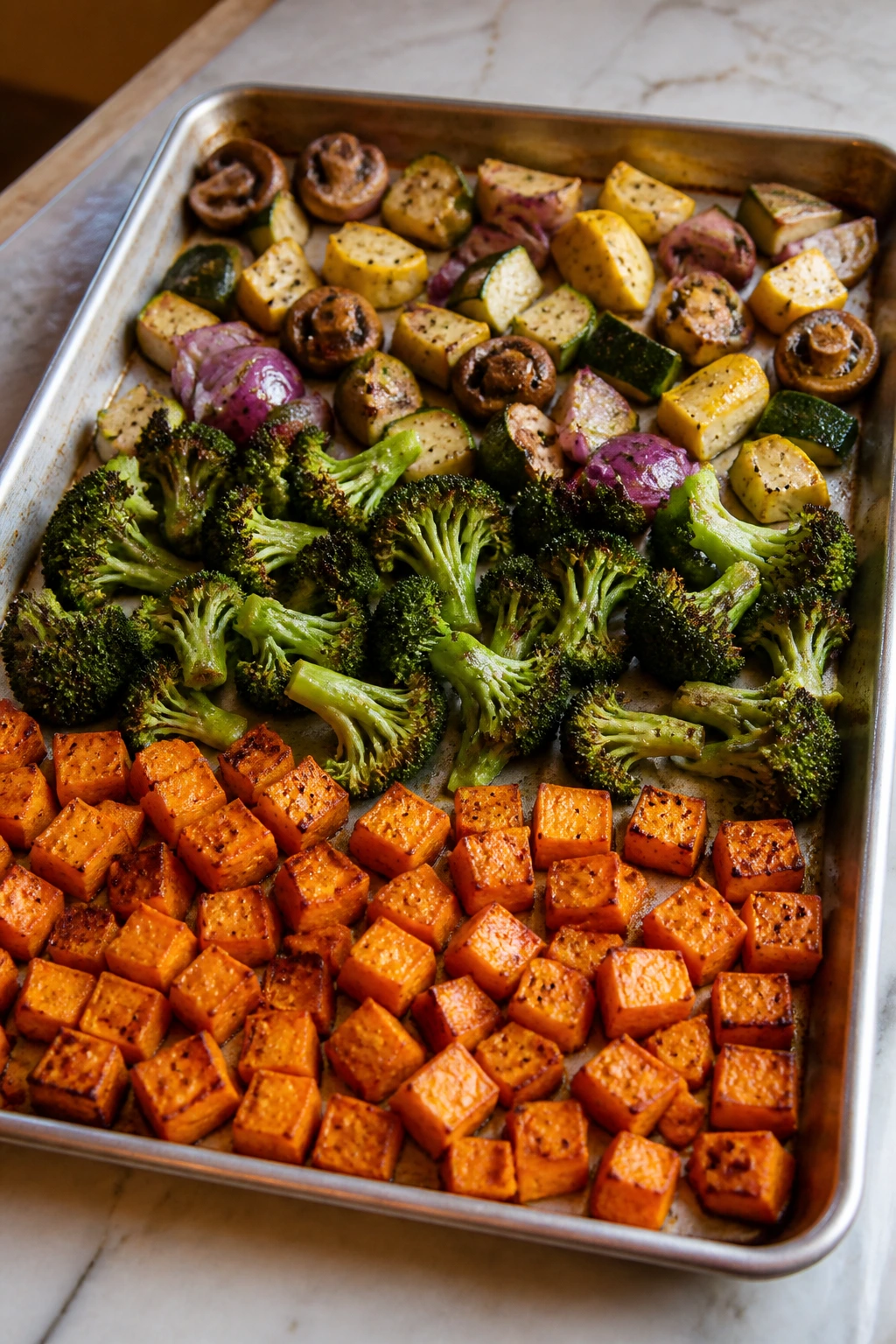 Sheet pan with grouped vegetables staged for even roasting