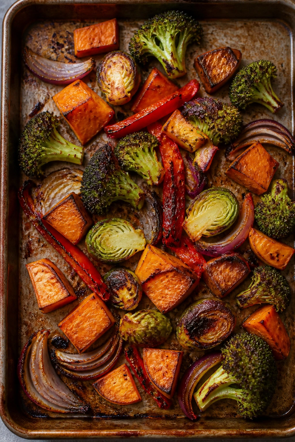 Sheet-pan roasted vegetables with deep brown edges