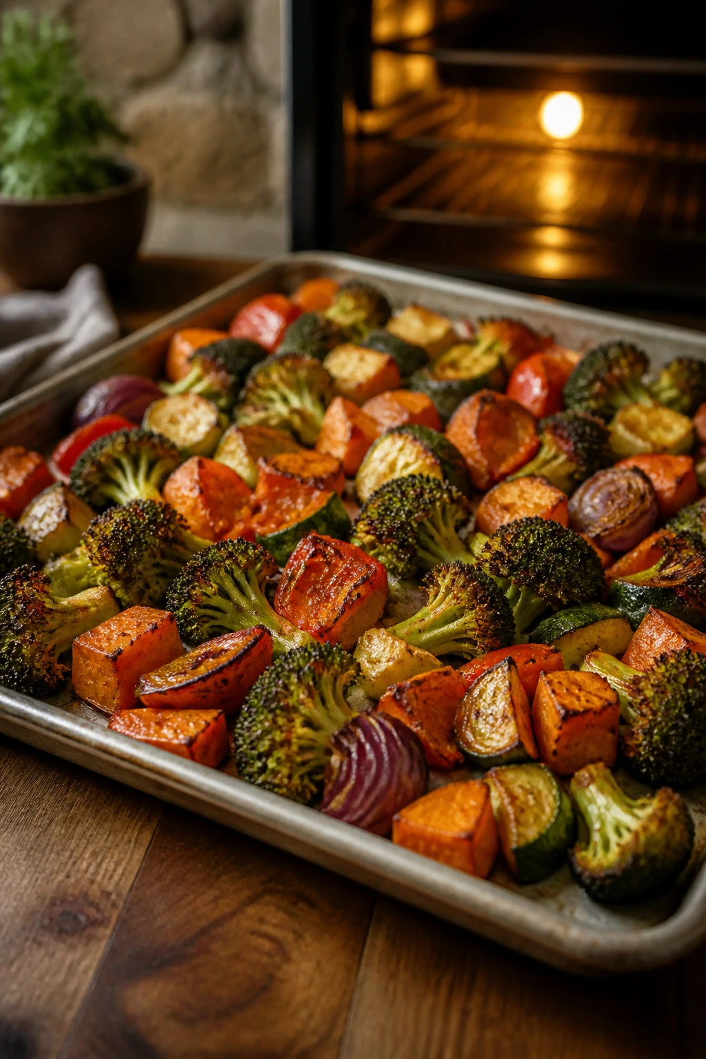 Sheet pan with deeply browned roasted vegetables on a single layer