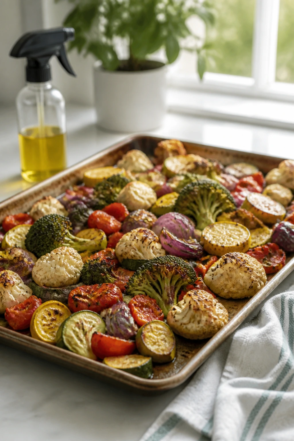 Sheet pan with crispy roasted vegetables, towel, and spray bottle in a bright kitchen