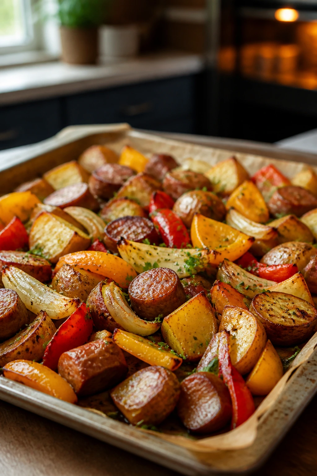 Close-up of a parchment-lined sheet pan with potatoes, sausage, peppers, and onions roasting in a warm kitchen
