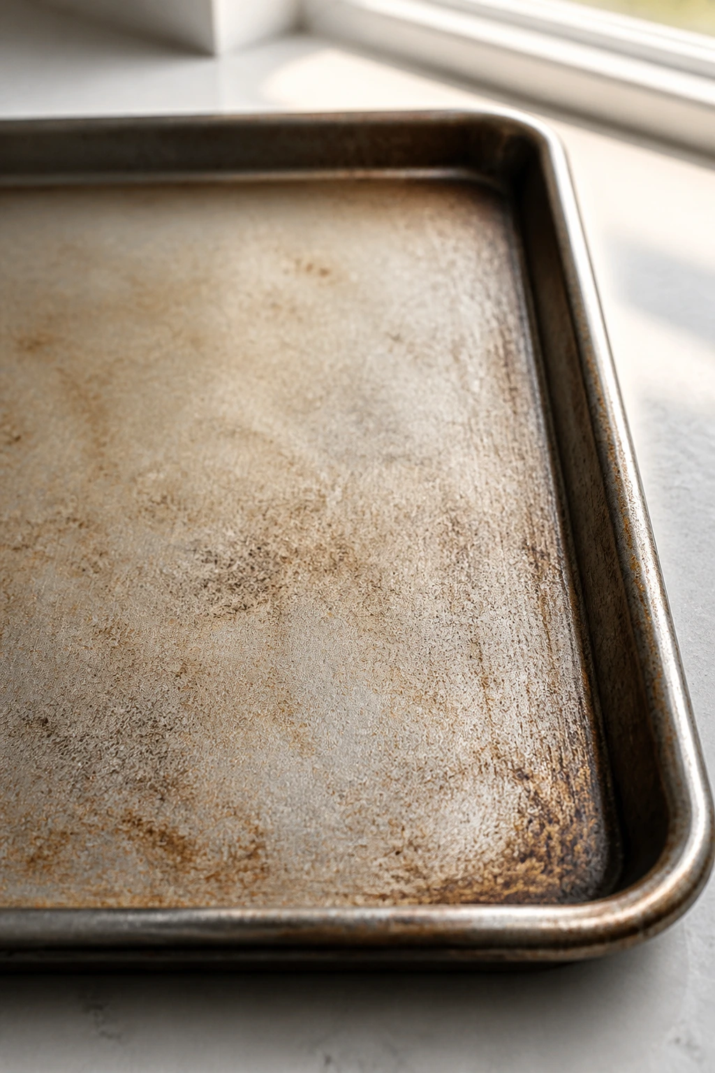 Close-up of a heavy rimmed sheet pan in a kitchen setting