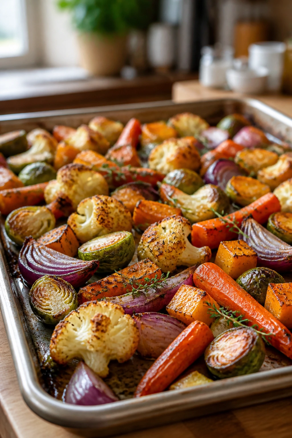 Large rimmed sheet pan filled with roasted vegetables