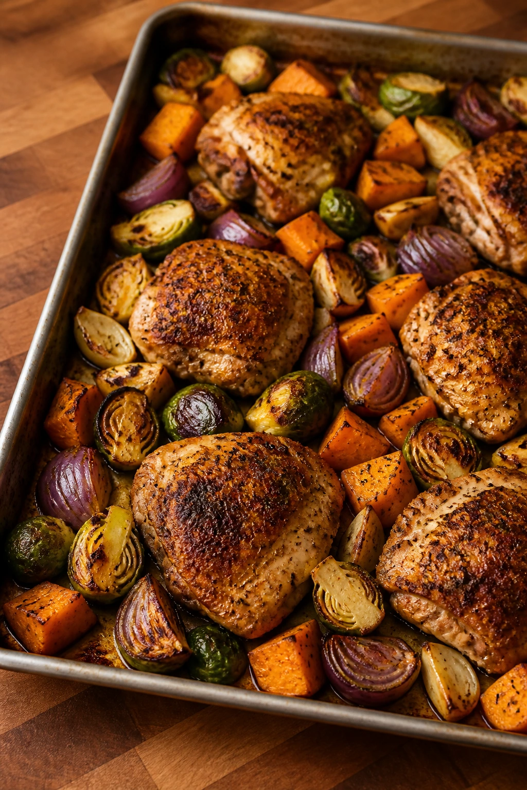 Close-up of a large sheet pan filled with roasted chicken and vegetables