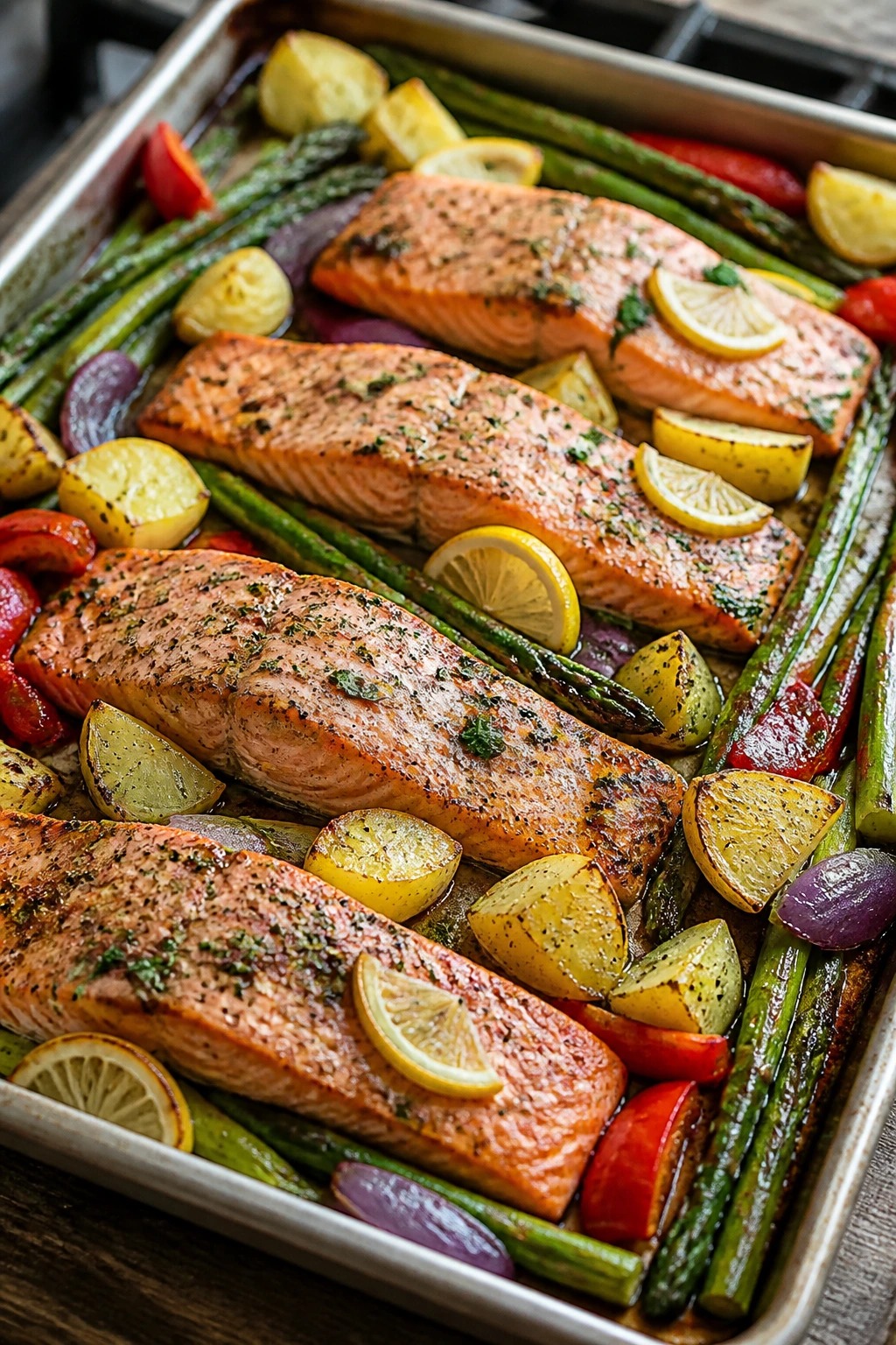 Sheet-pan salmon with asparagus on a sheet pan