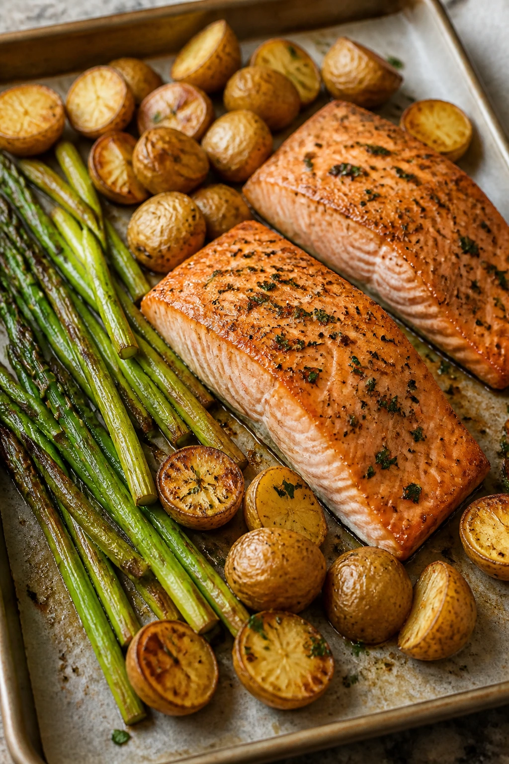 Roasted salmon with asparagus and potatoes on a sheet pan