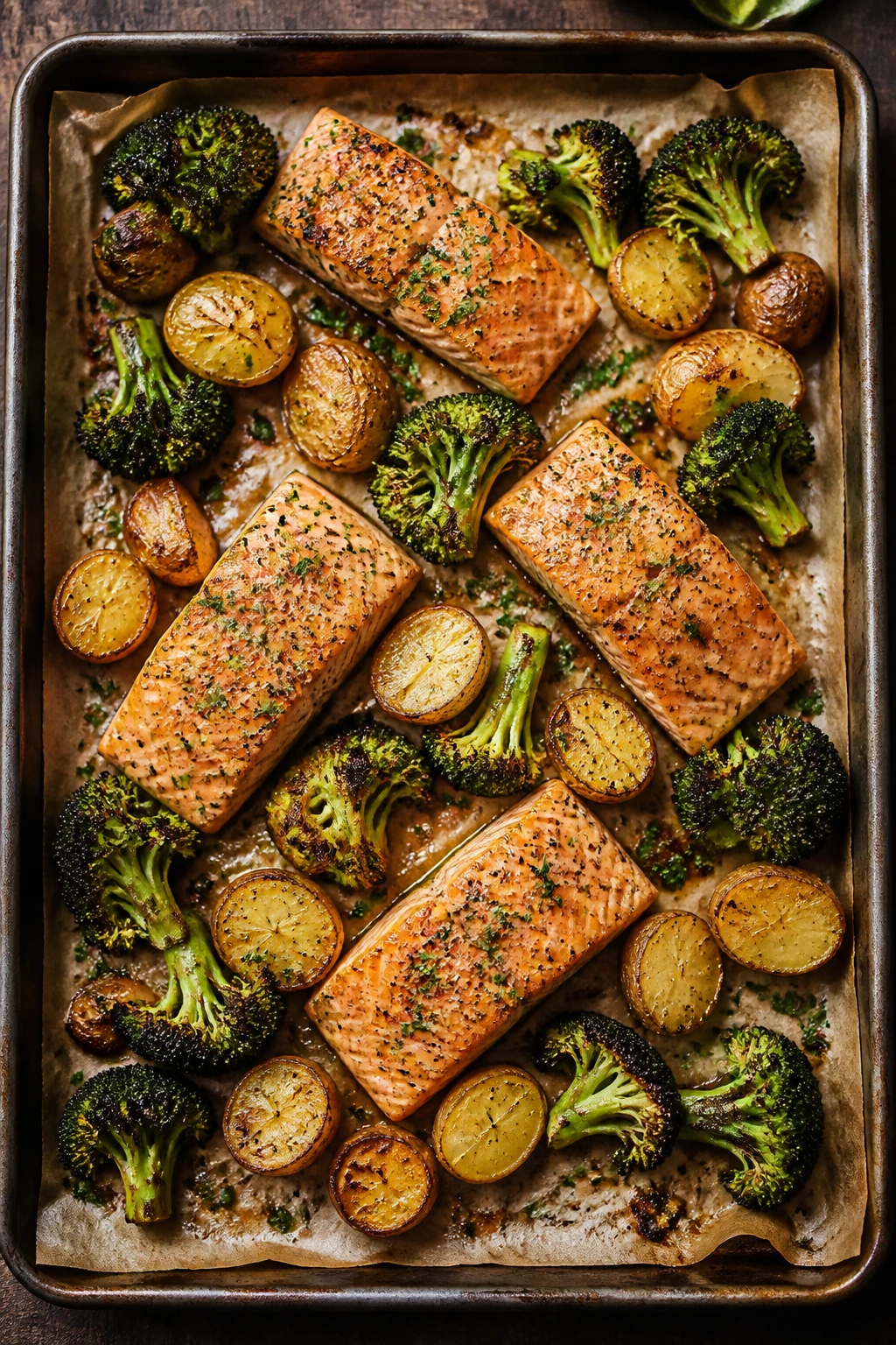 Sheet-pan salmon with broccoli and potatoes on a roasting tray