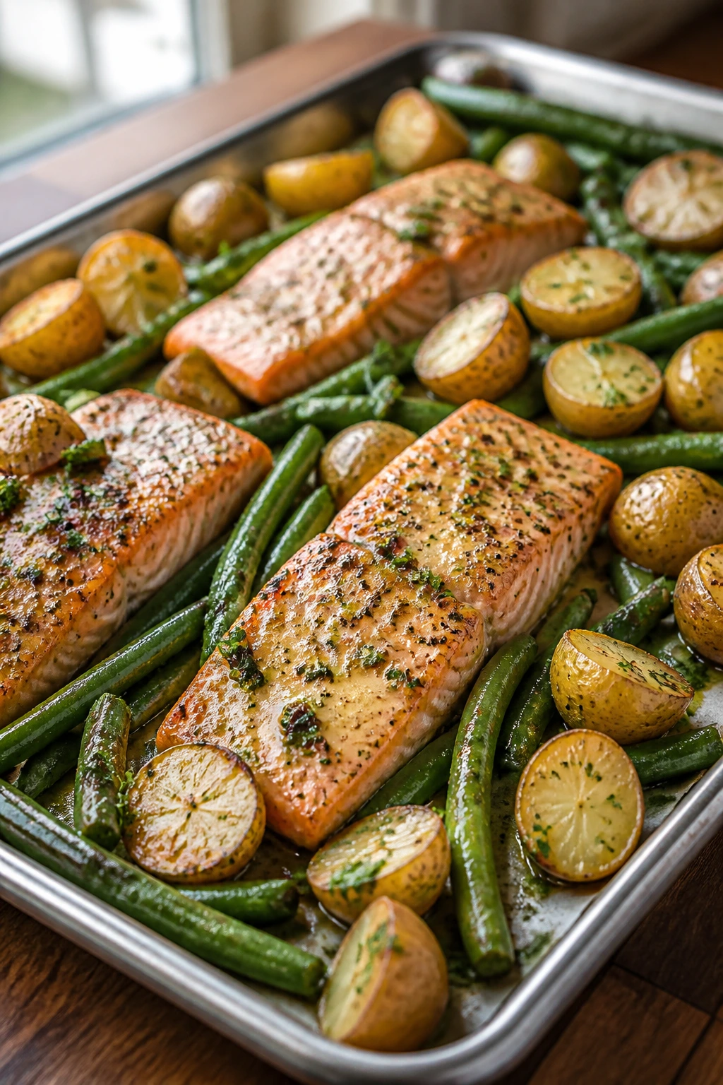 Close-up of sheet pan salmon with green beans and baby potatoes