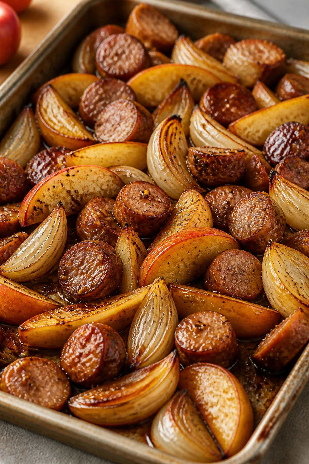 Roasted sheet-pan sausage with apples and onions in a single pan.