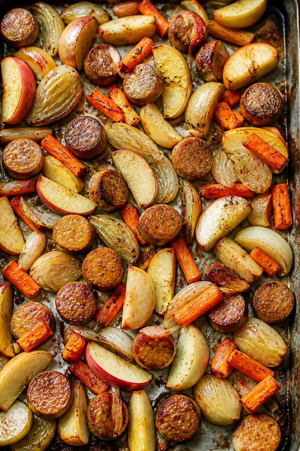 Close-up sheet pan dinner with sausage apples on a kitchen counter