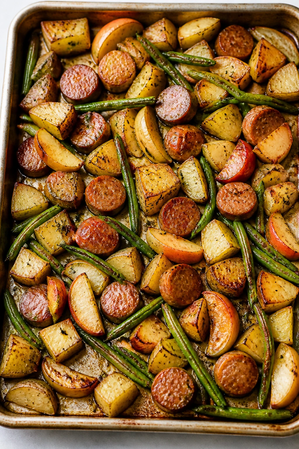 Sheet-pan sausage apples and green beans on a baking sheet