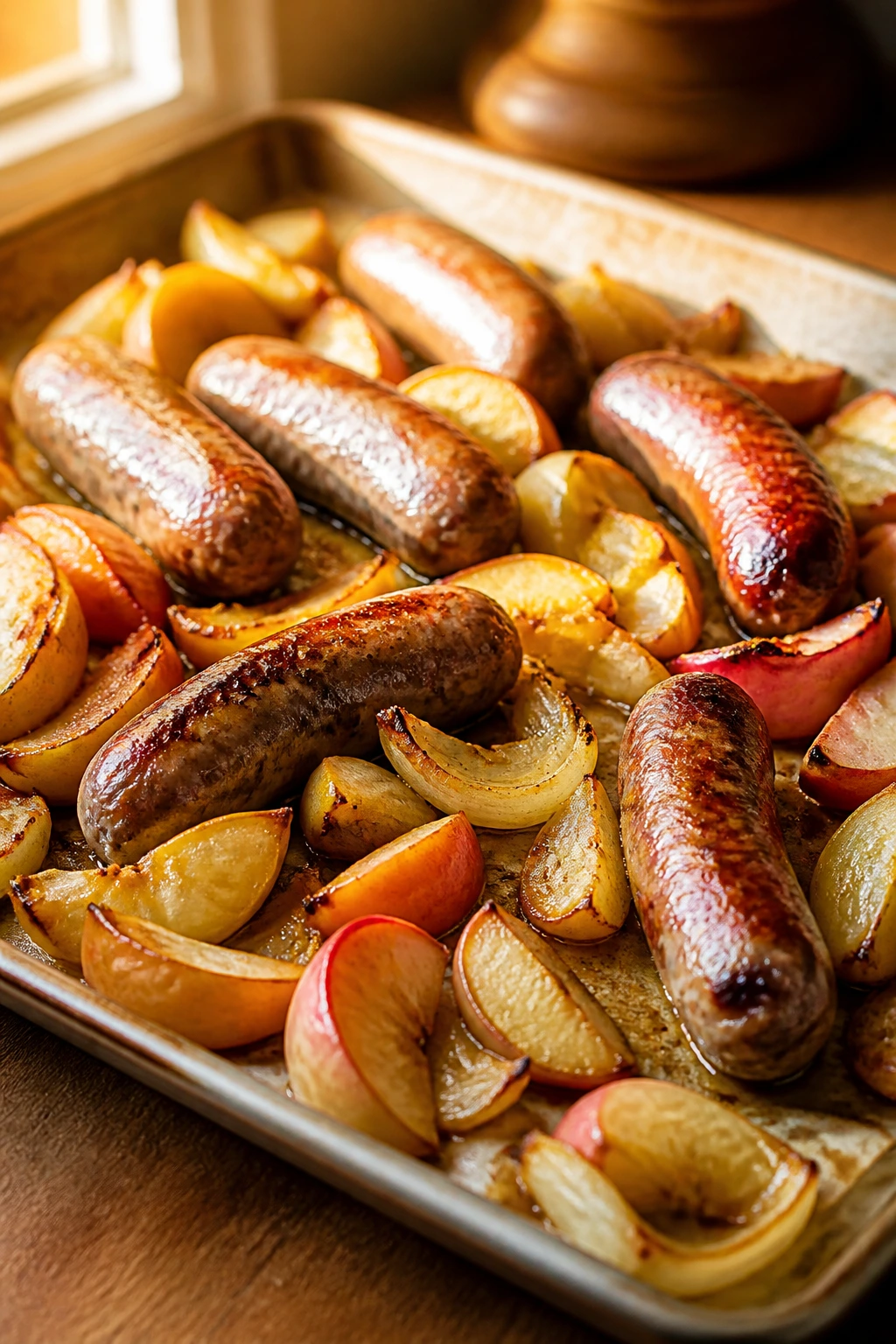Close-up of sheet-pan sausage, apples, and onions roasted to golden brown on parchment