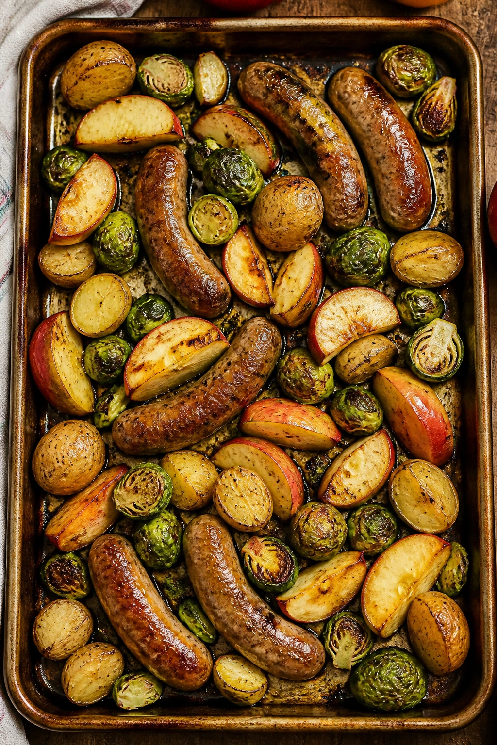 Sheet-pan sausage with apples, Brussels sprouts, and potatoes.