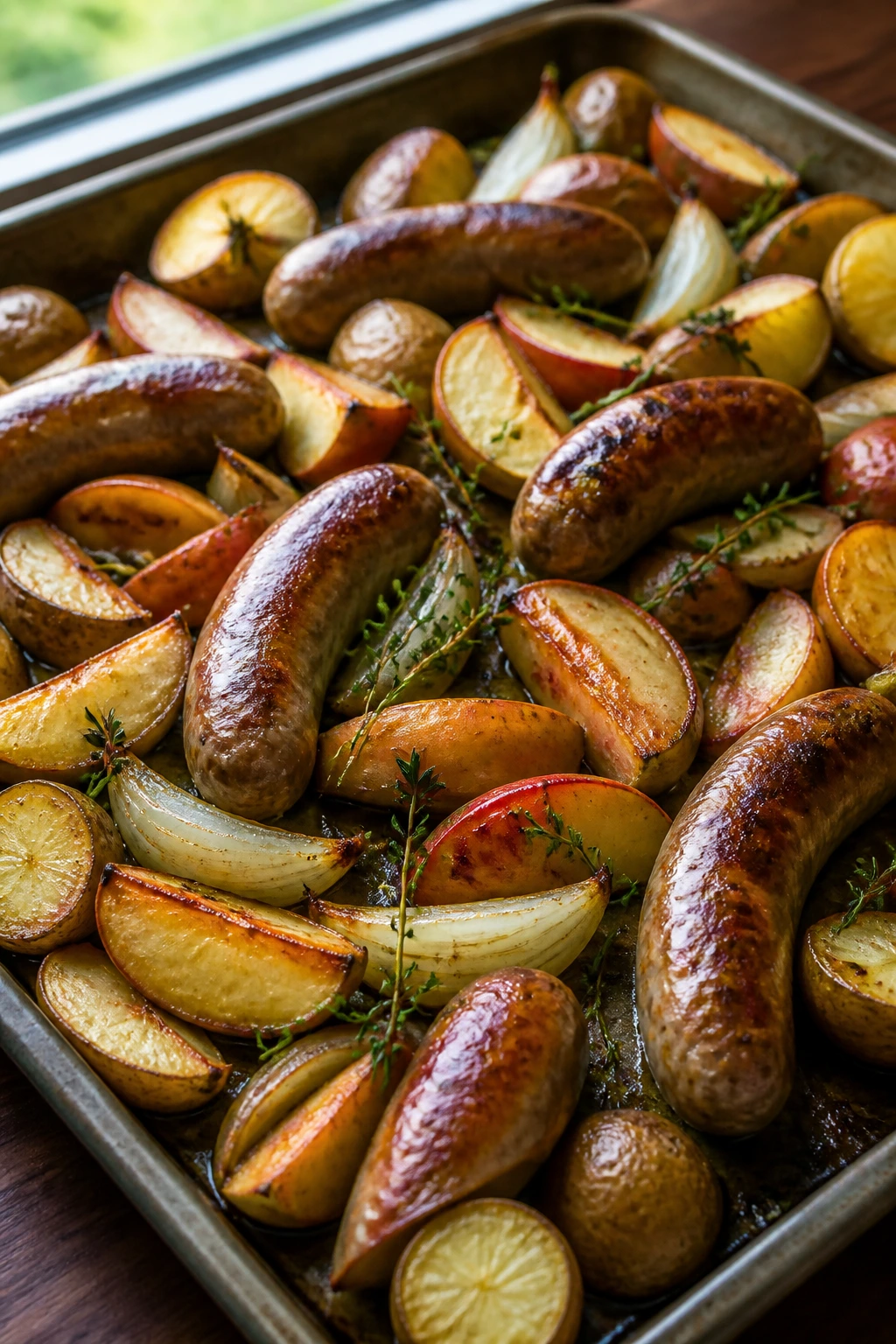 Close-up of sheet pan sausage with apples, onions, potatoes and thyme roasting in a warm kitchen.