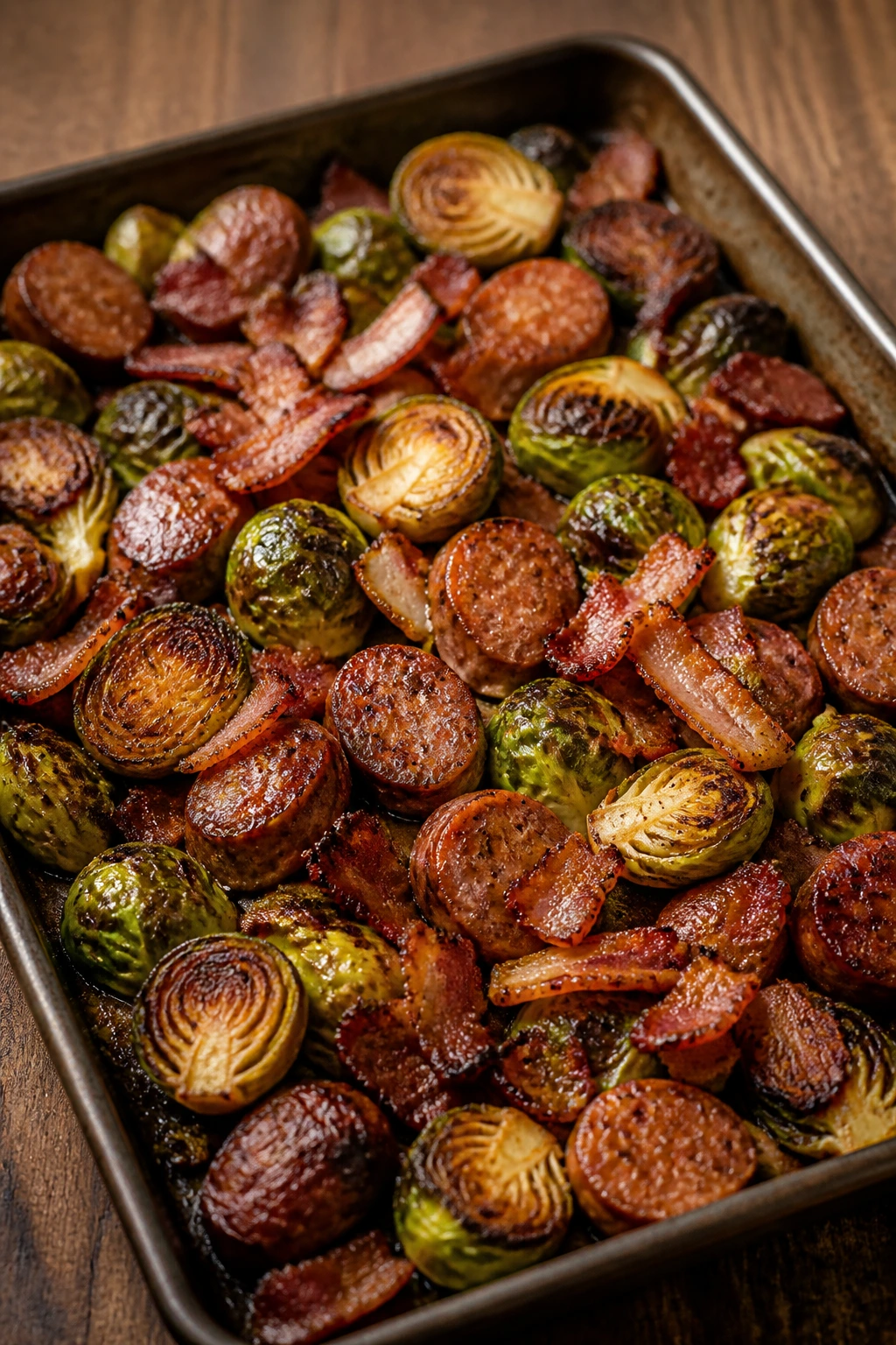 Sheet pan with roasted sausage, bacon, and Brussels sprouts
